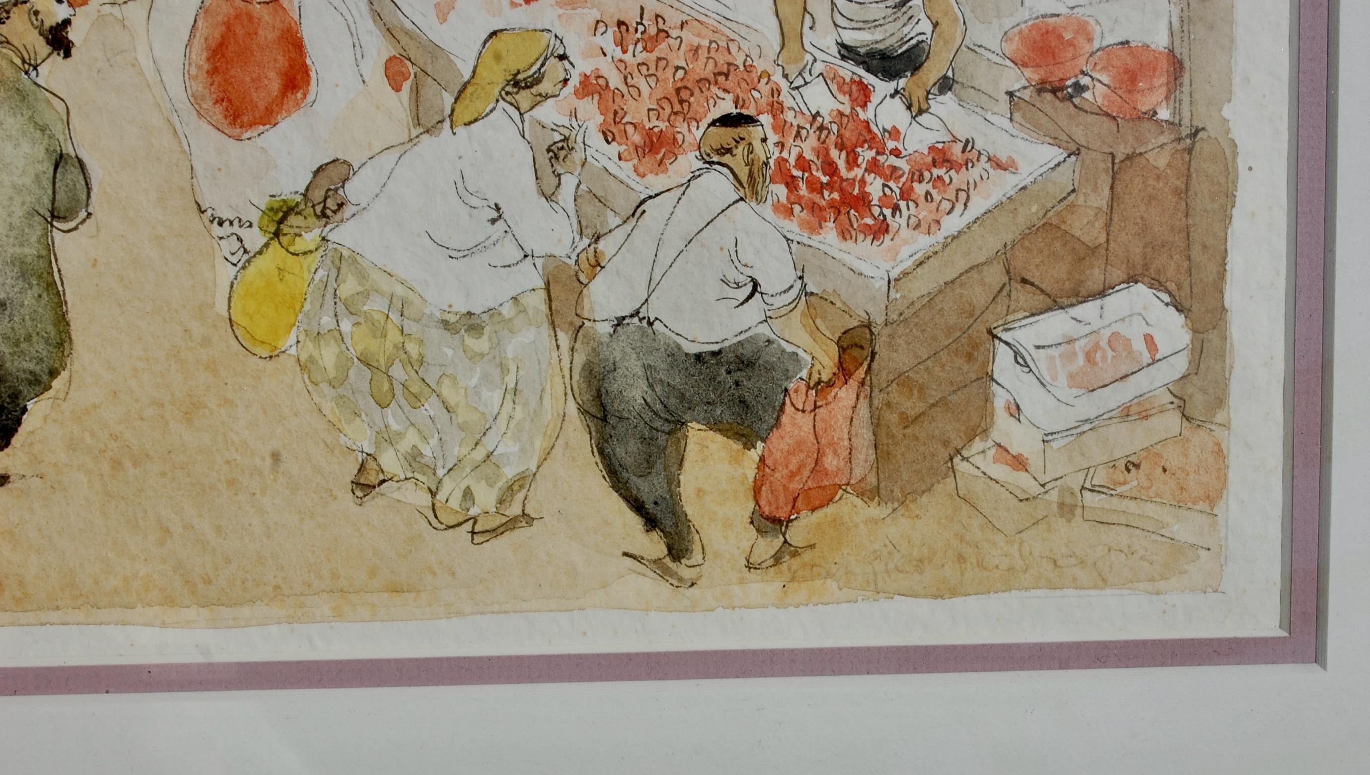 Scène de rue marché de village,  Dessin à l'aquarelle et au crayon bien exécuté, titré et signé de façon illisible par l'artiste, attribué à Moisey Kogan Russian 1924-2001.
Taille de l'image environ 27 