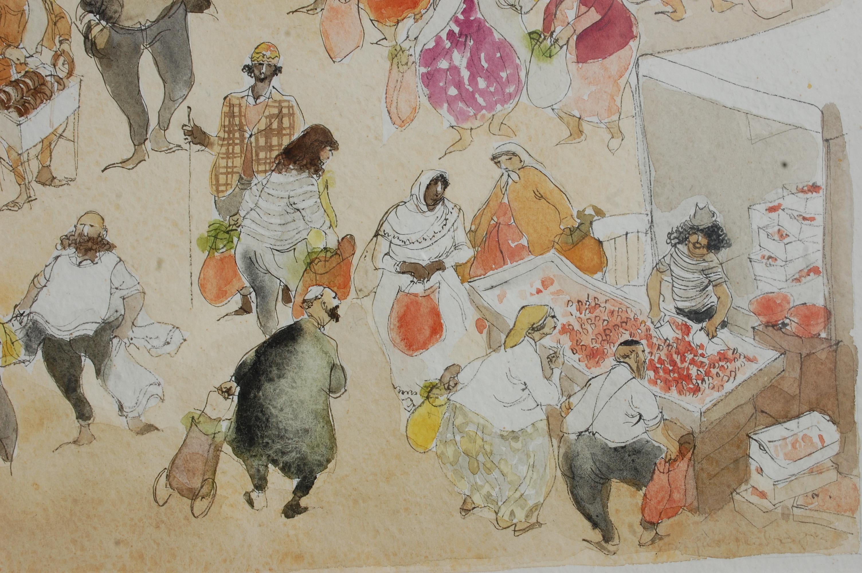 Aquarelle du marché du village en vente 1