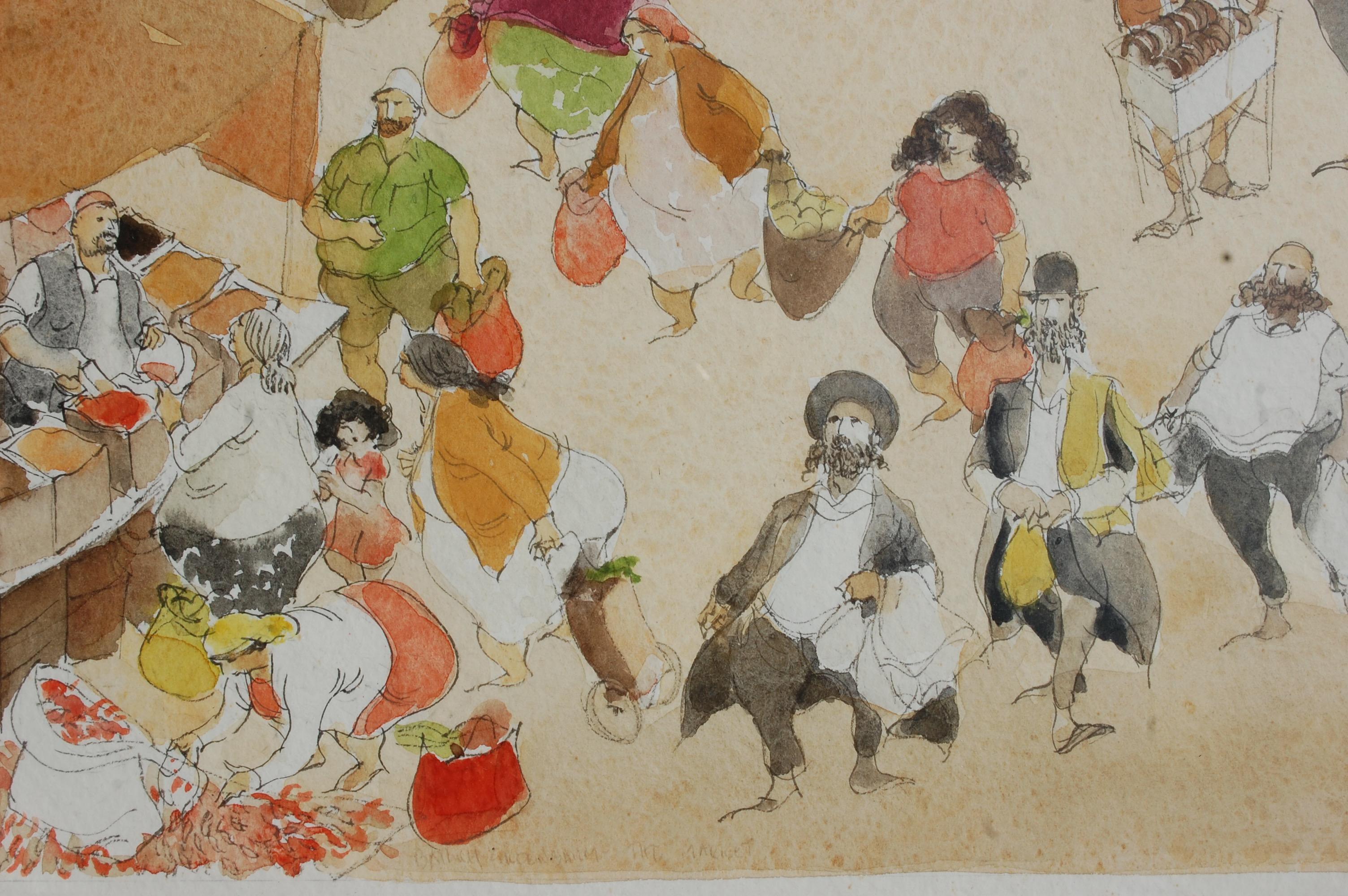 Aquarelle du marché du village en vente 2