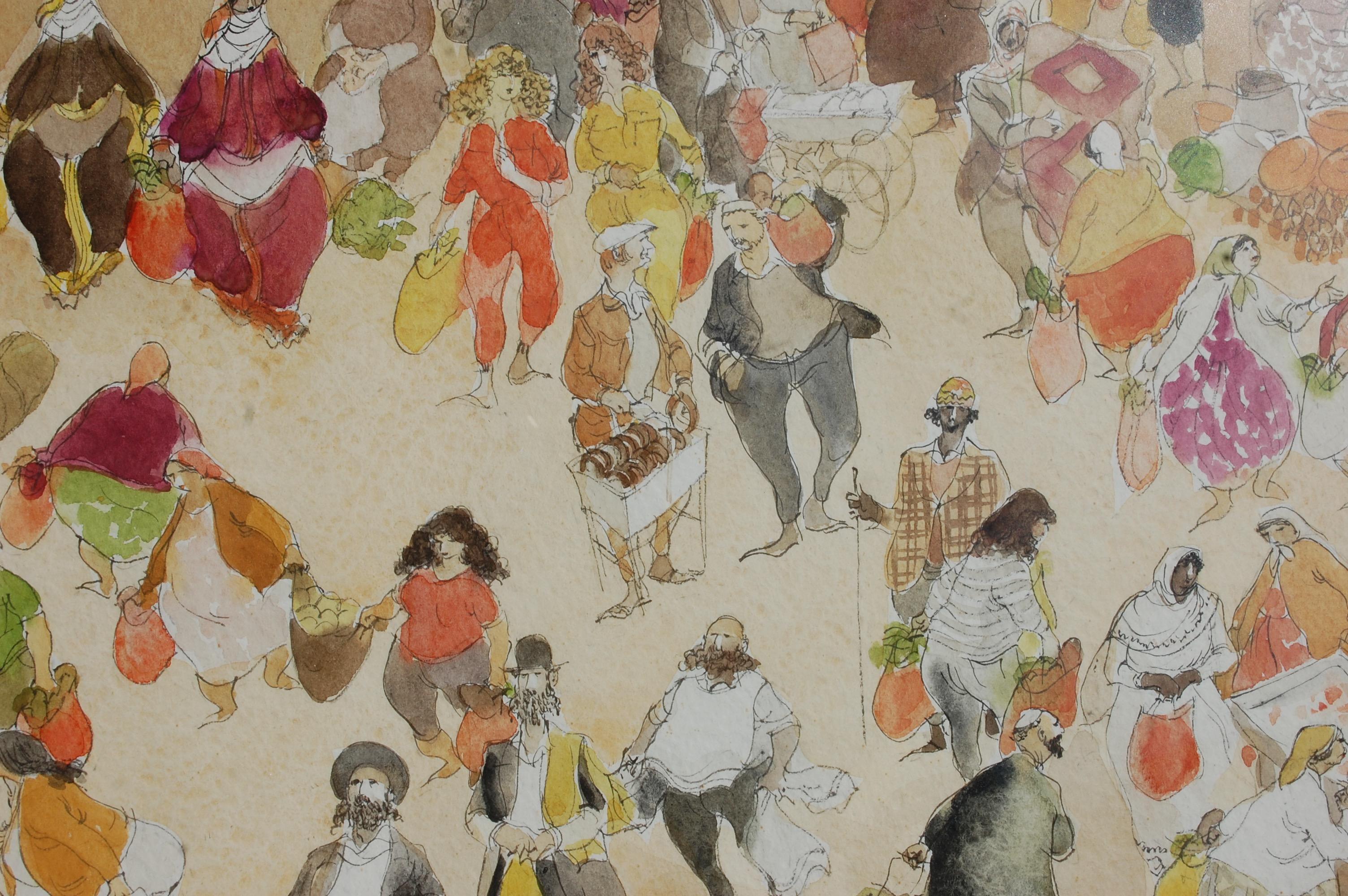 Aquarelle du marché du village en vente 3