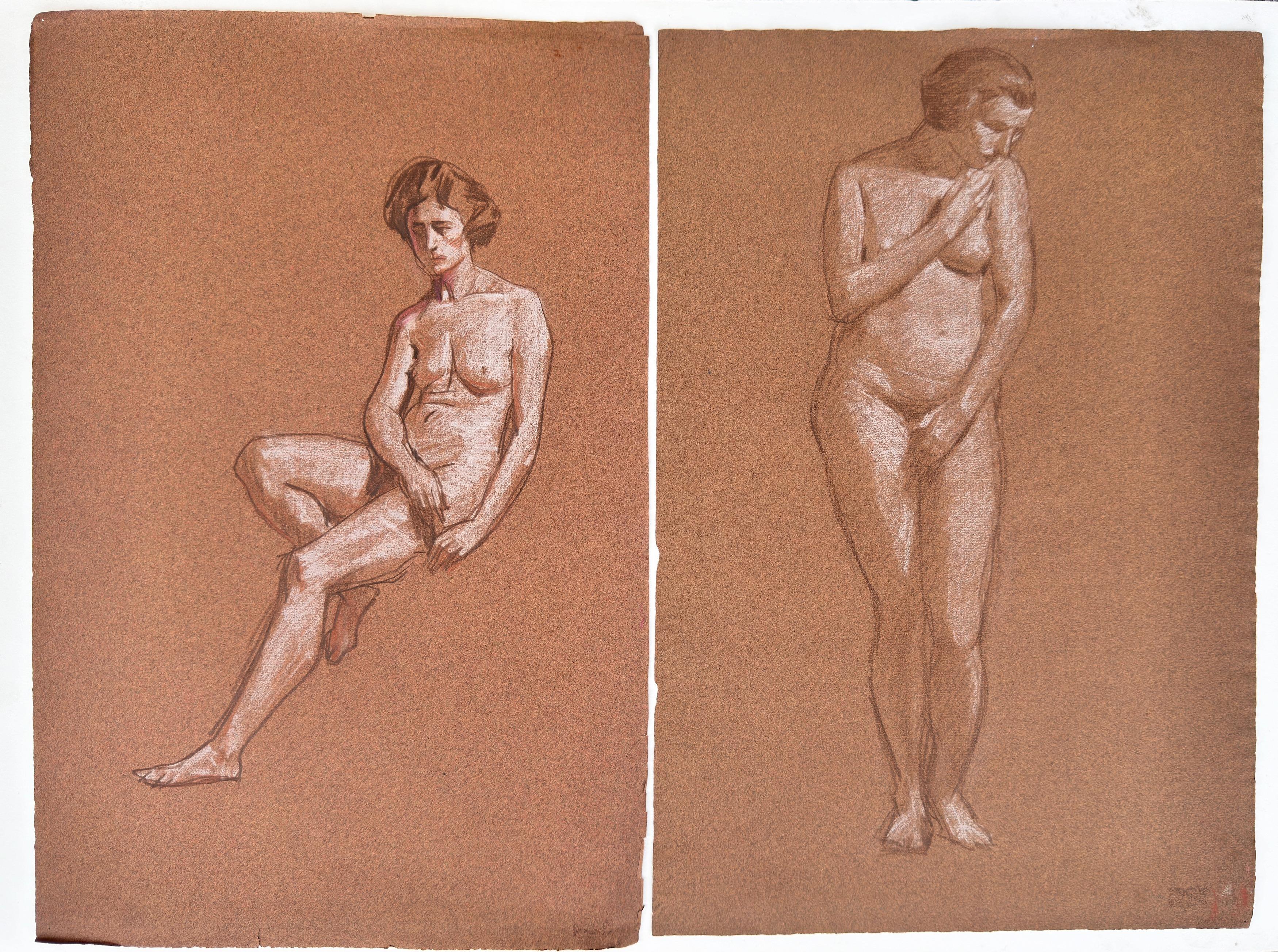 Desnudo Dibujo a Lápiz par de Retratos
