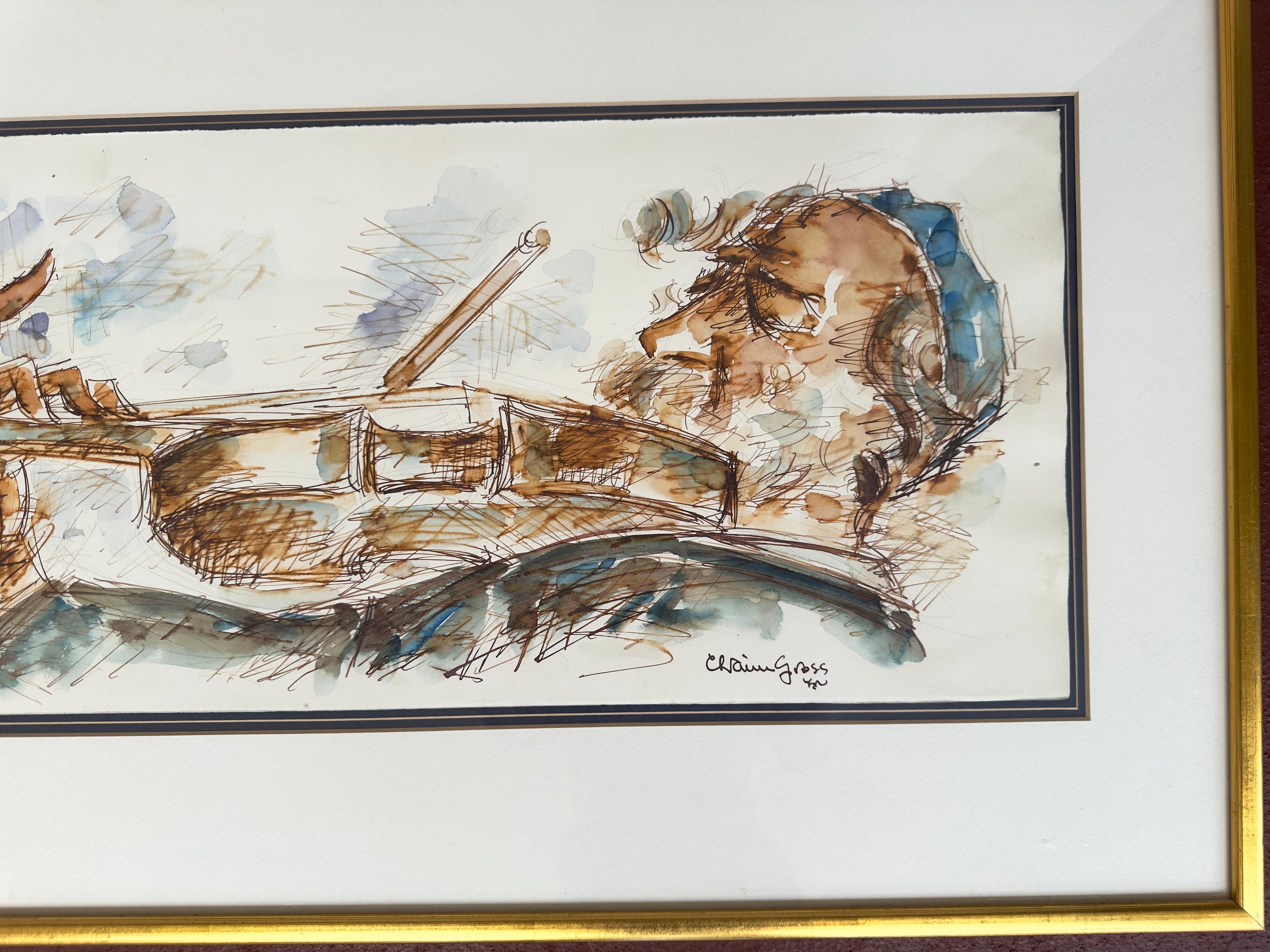Acquerello del suonatore di violino - Figurative Art Grigio di Chaim Gross
