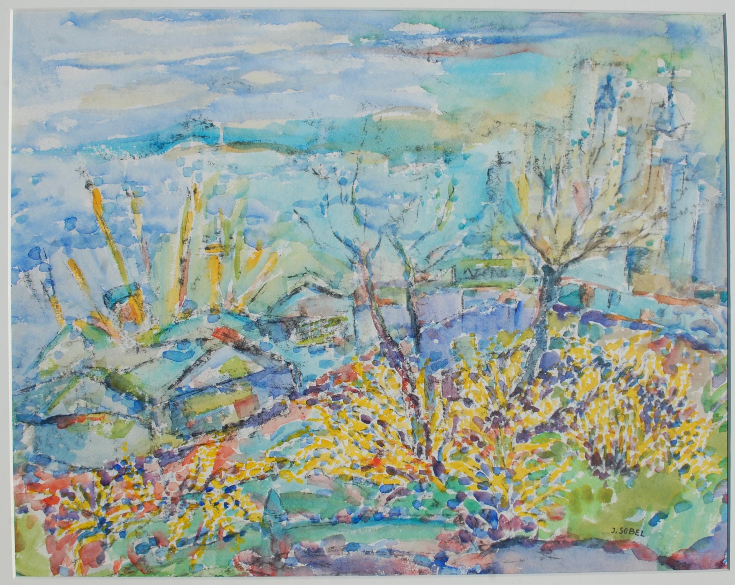 Landscape Art Jehudith Sobel - Aquarelle sur papier de paysage impressionniste