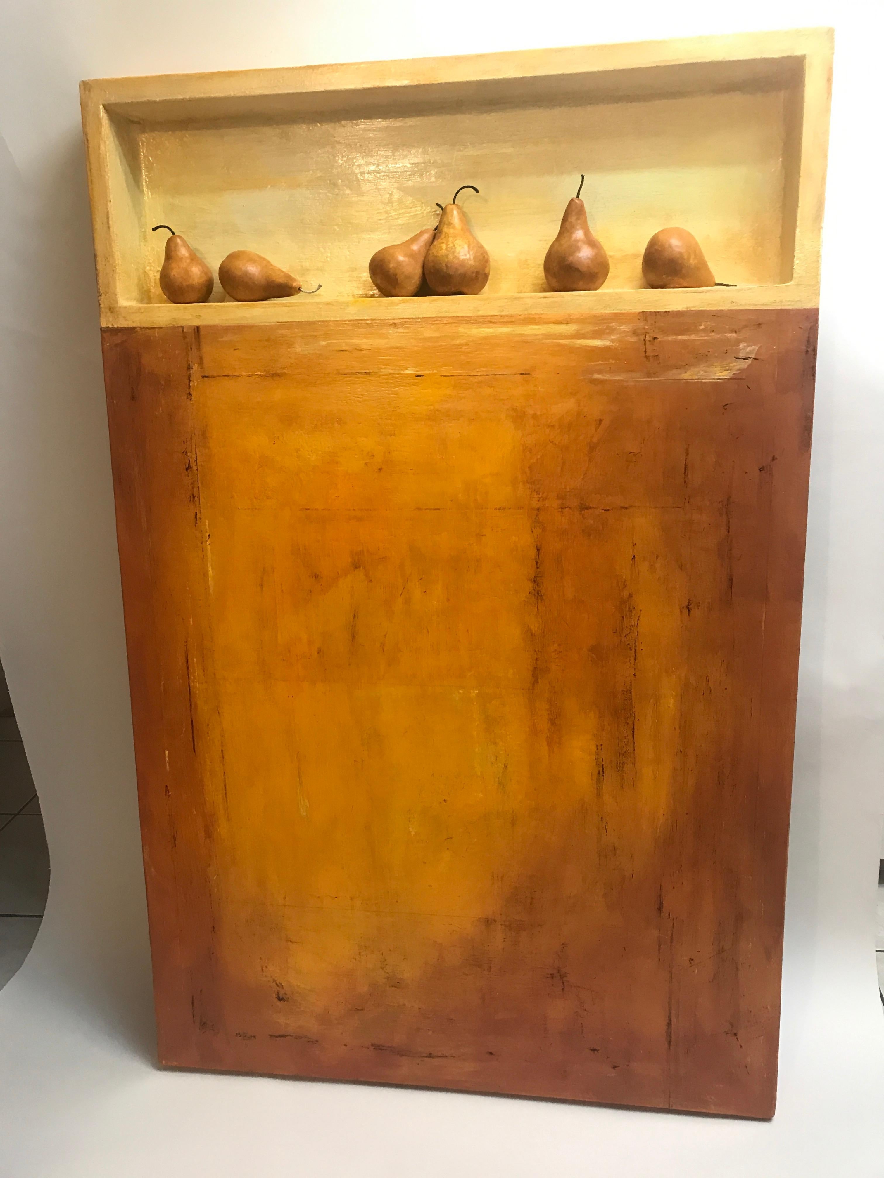  Lemon Sky With Pears 3D Art
Acrylic, marble powder on wood panel with internal shelf displaying 6 cast pears. (Photos with light and without)

Erikson's often introduces artifacts and objects to be placed on a shelve/window set into the painting as