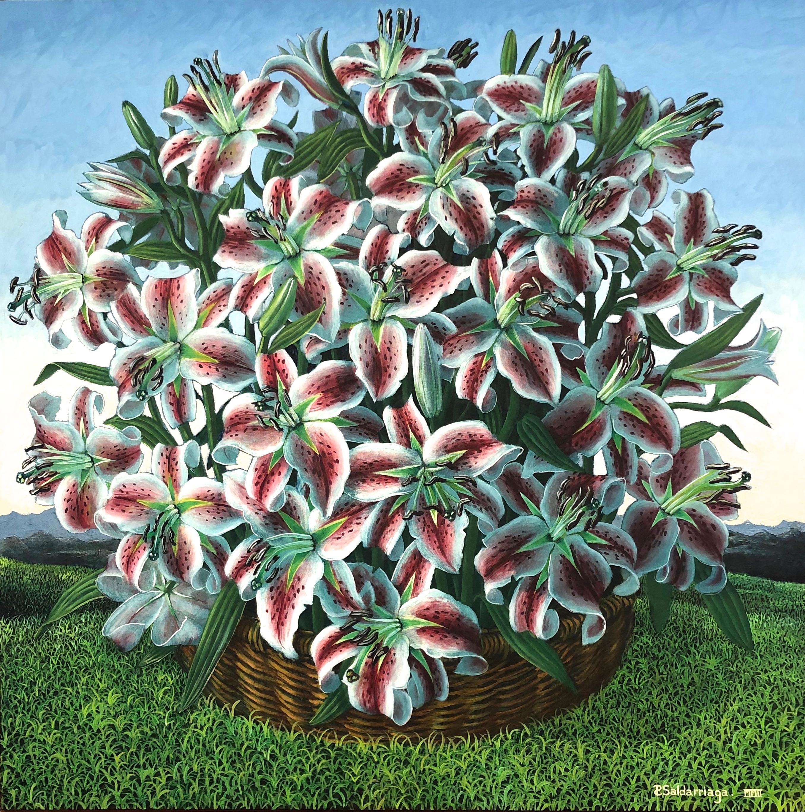 Sill Life with Red Lilies - Painting by Rafael Saldarriaga