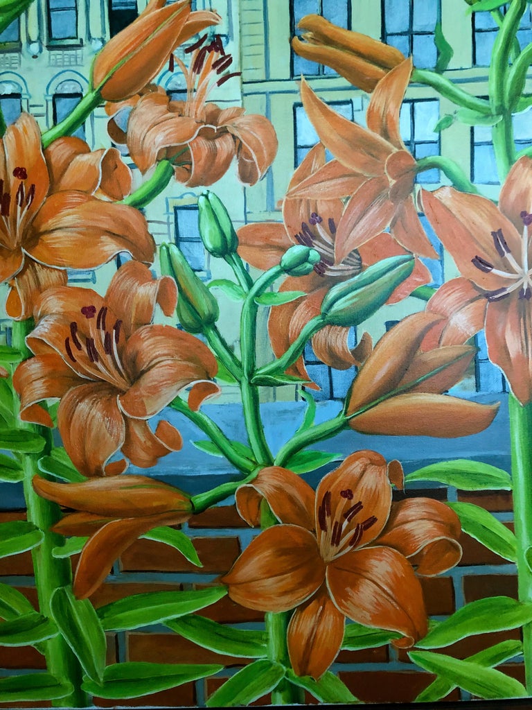  Lilies In East Village New York Large - Realist Painting by Rafael Saldarriaga