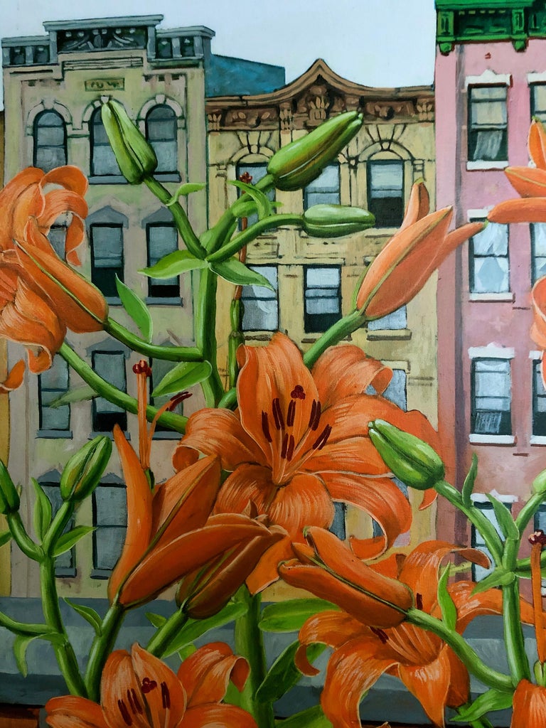 Lilies In East Village New York  - Orange Still-Life Painting by Rafael Saldarriaga