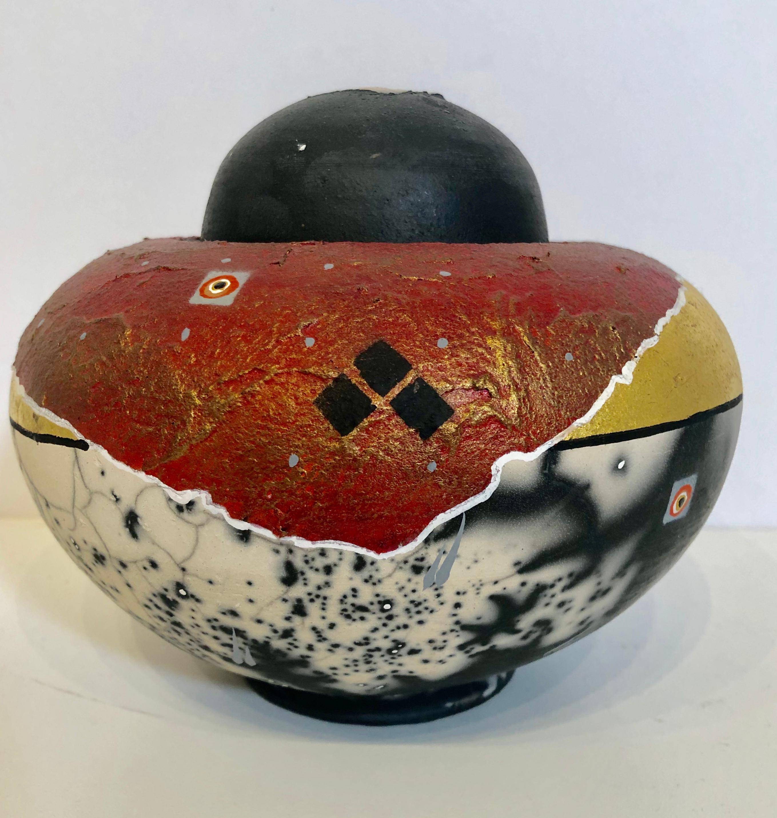  Raku Pottery Bowl with Cover - Sculpture by Robert Carlson 