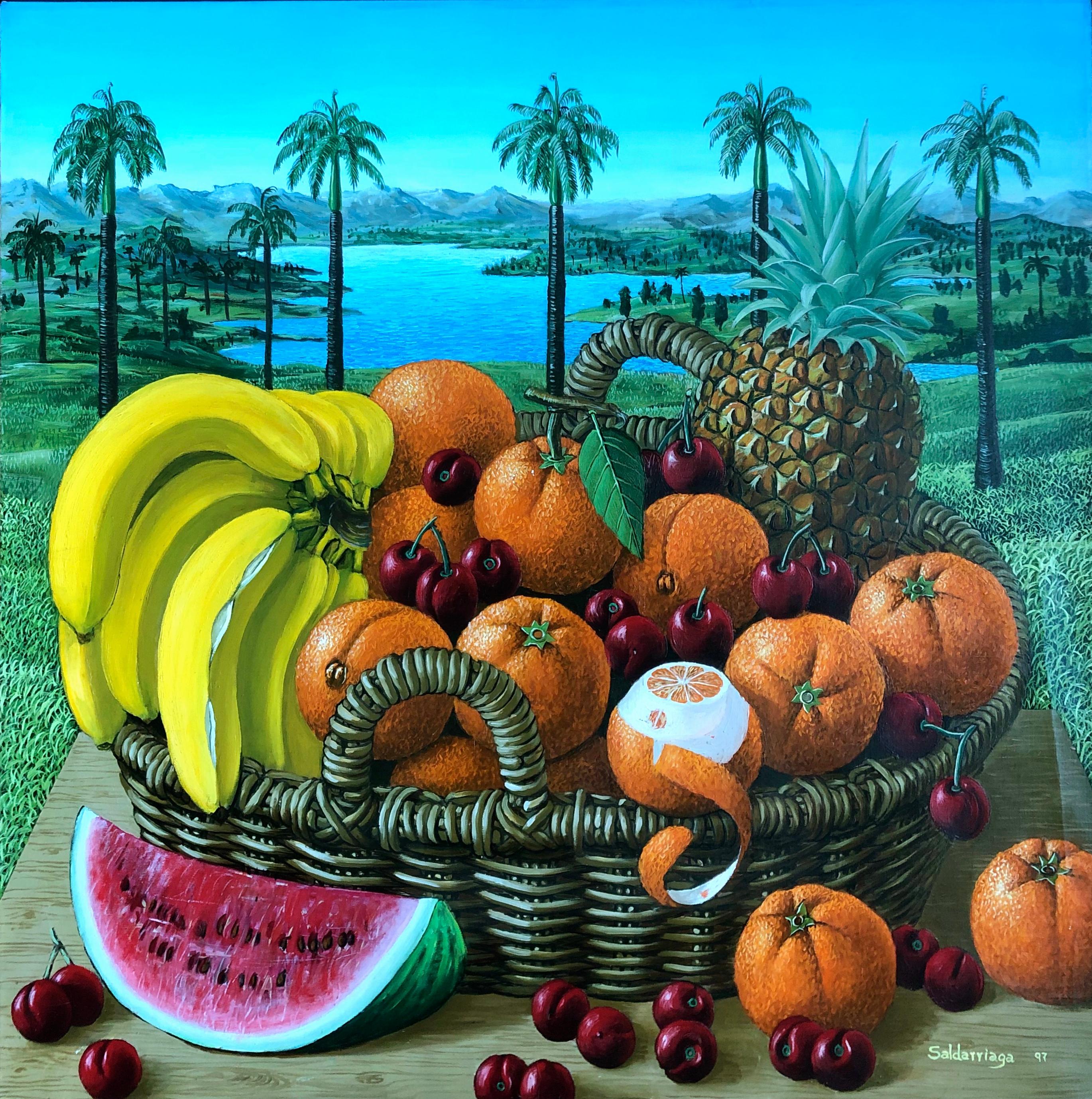 Fruit Basket In The Landscape - Painting by Rafael Saldarriaga