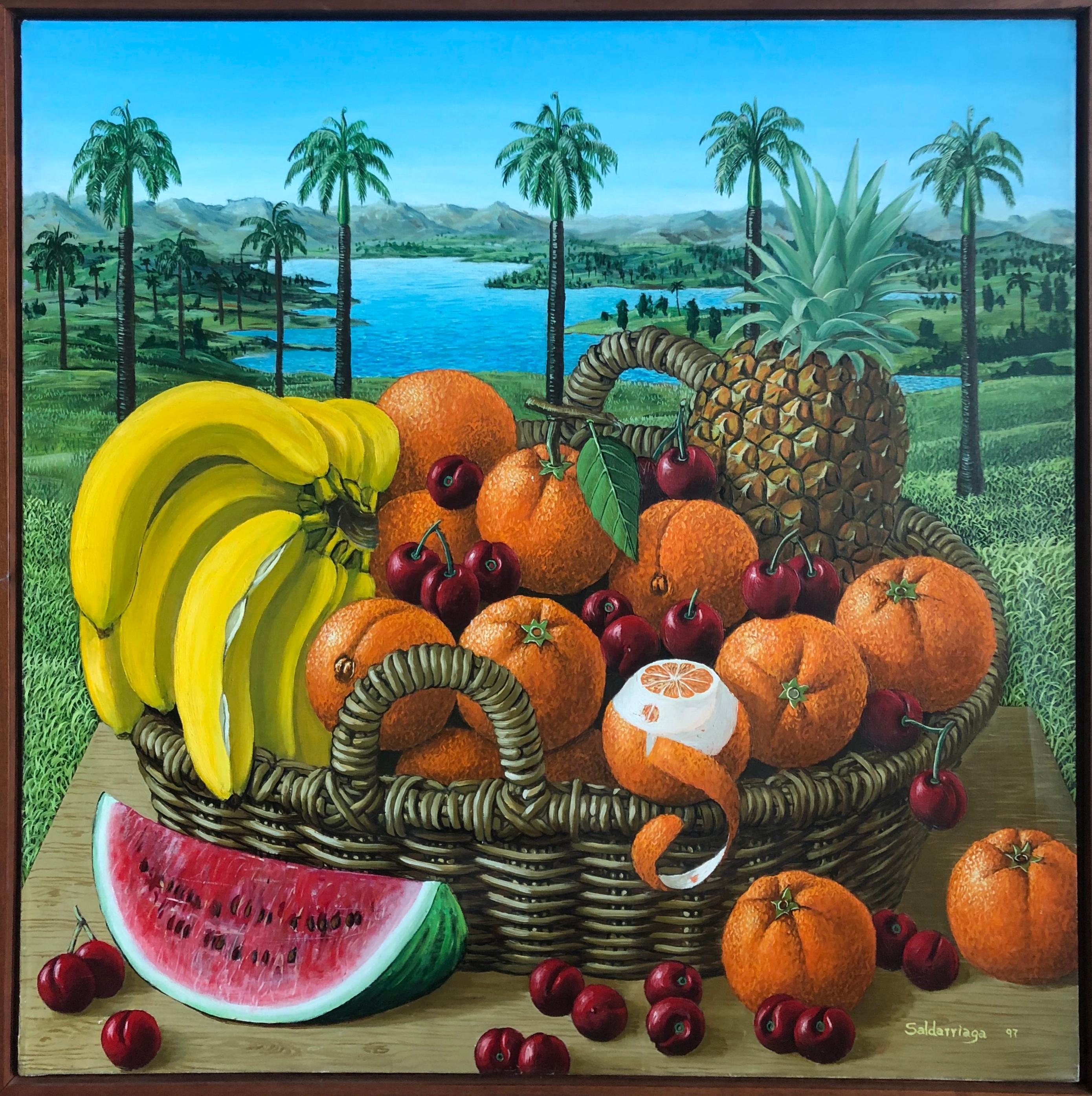 Rafael Saldarriaga Figurative Painting - Fruit Basket In The Landscape