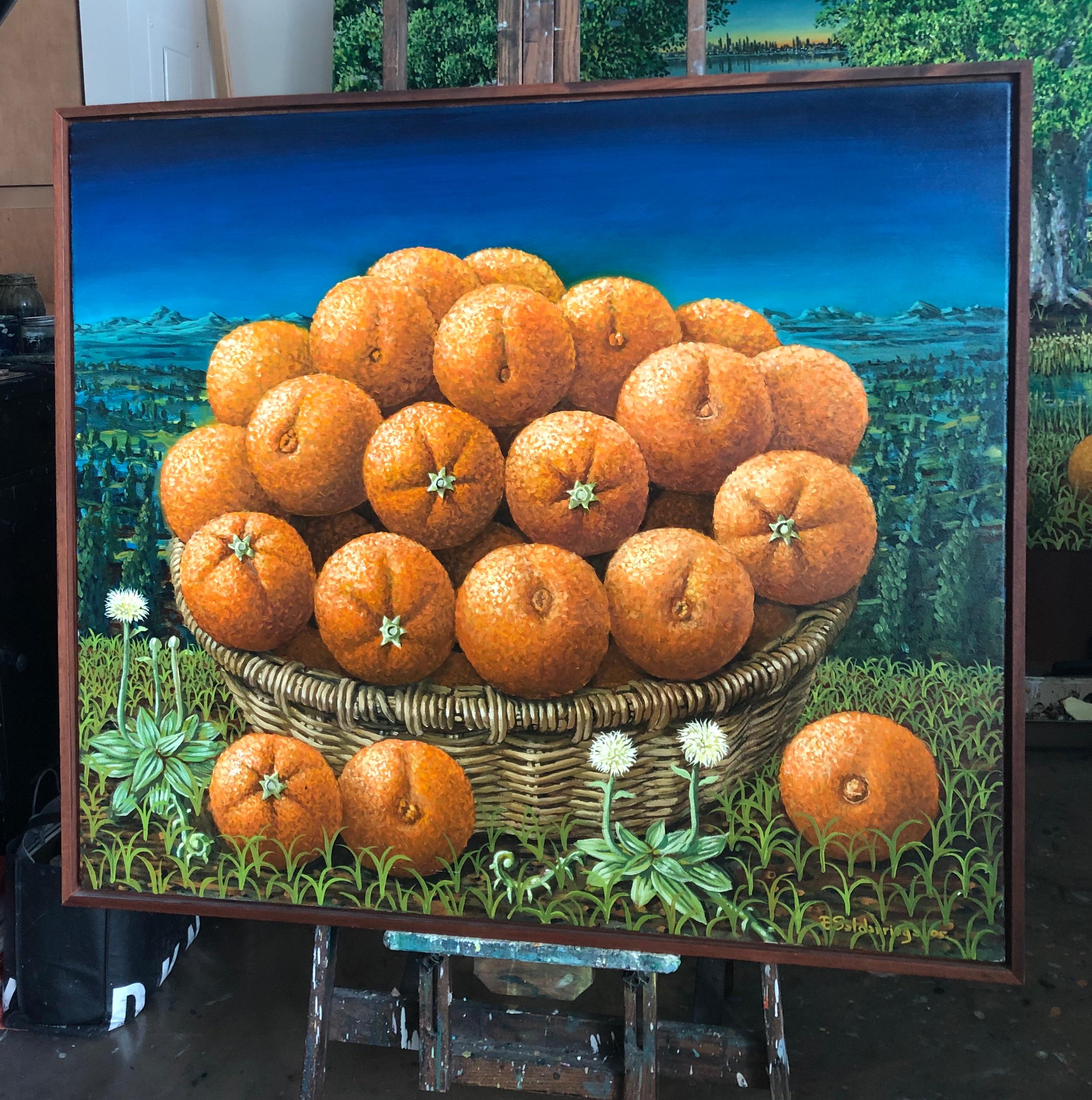 Nature morte avec des oranges dans le panier  - Painting de Rafael Saldarriaga