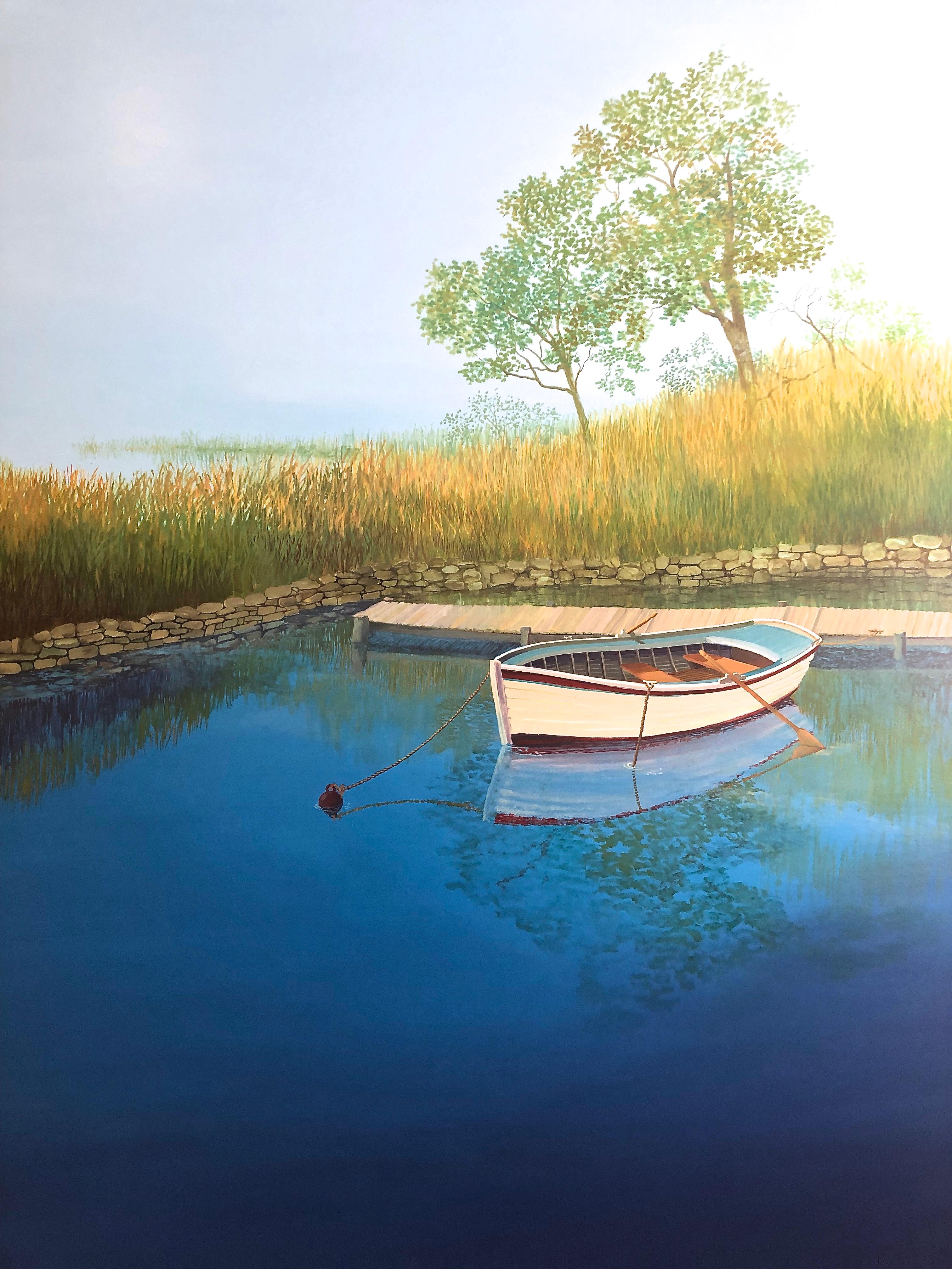 Blue Landscape With Boat On The Lake Large - Painting by Unknown
