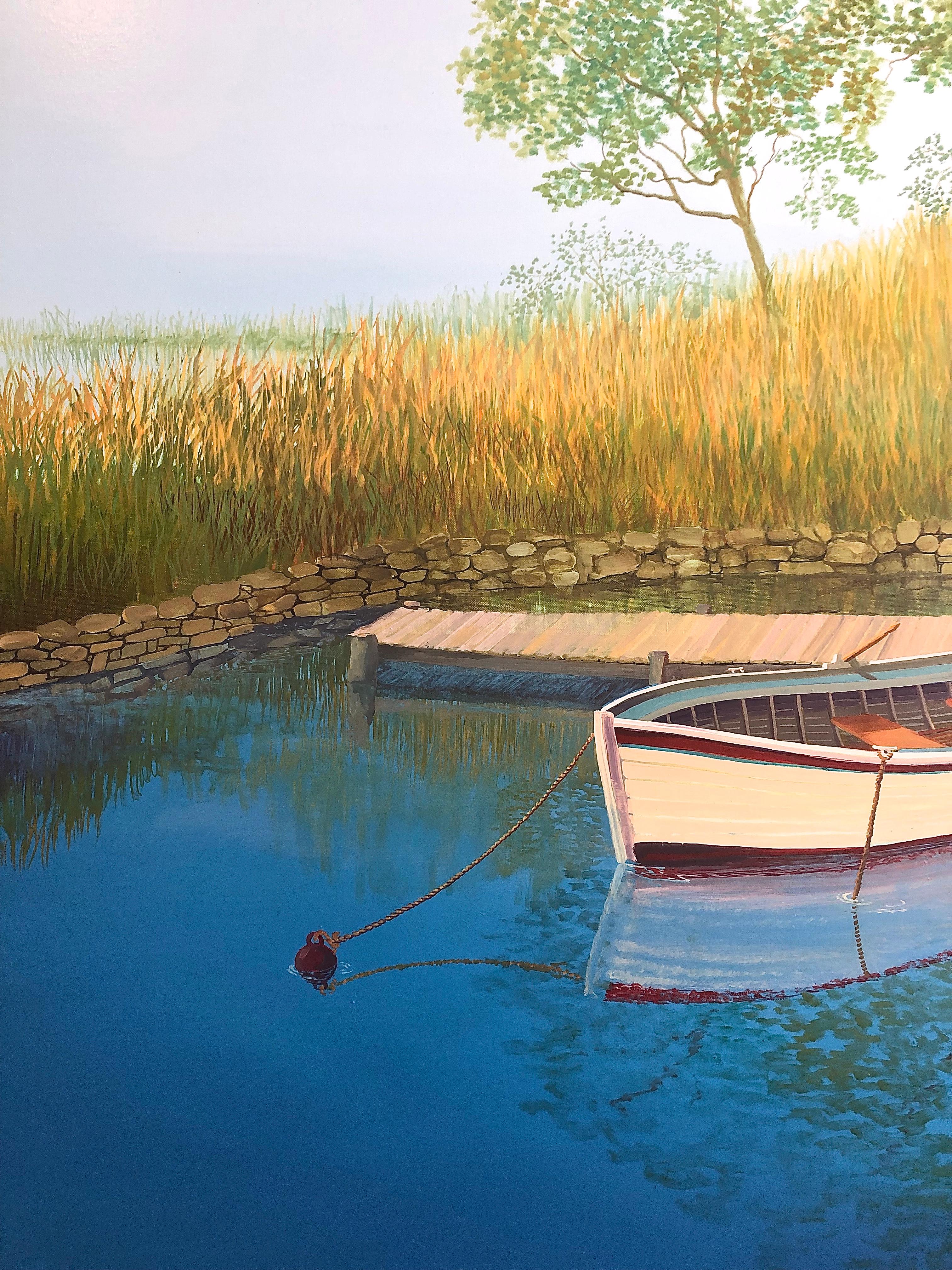 Blue Landscape With Boat On The Lake Large - Realist Painting by Unknown