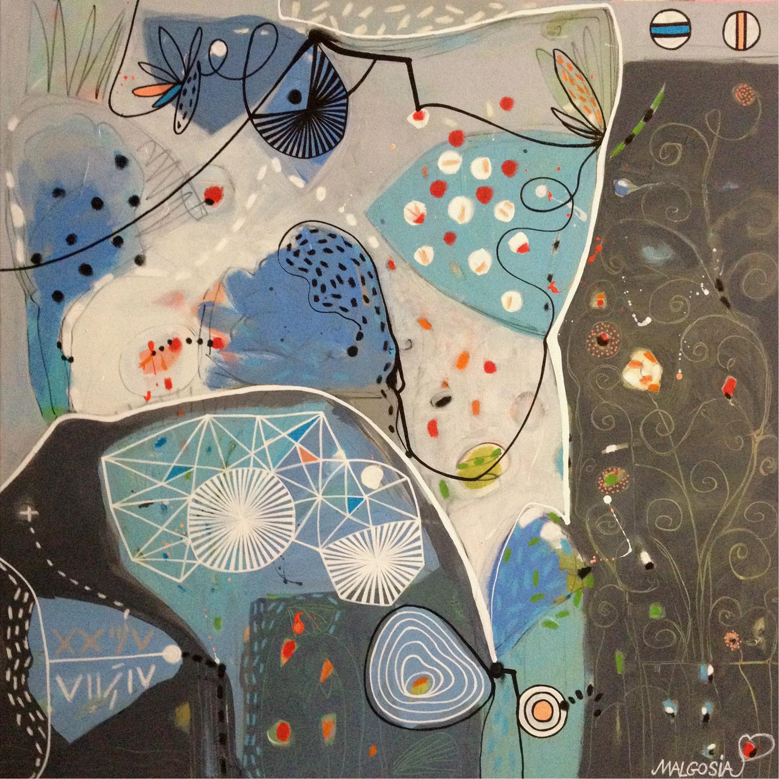Malgosia Kiernozycka Abstract Painting - UNDERWATER GAMES Grey Blue Abstract