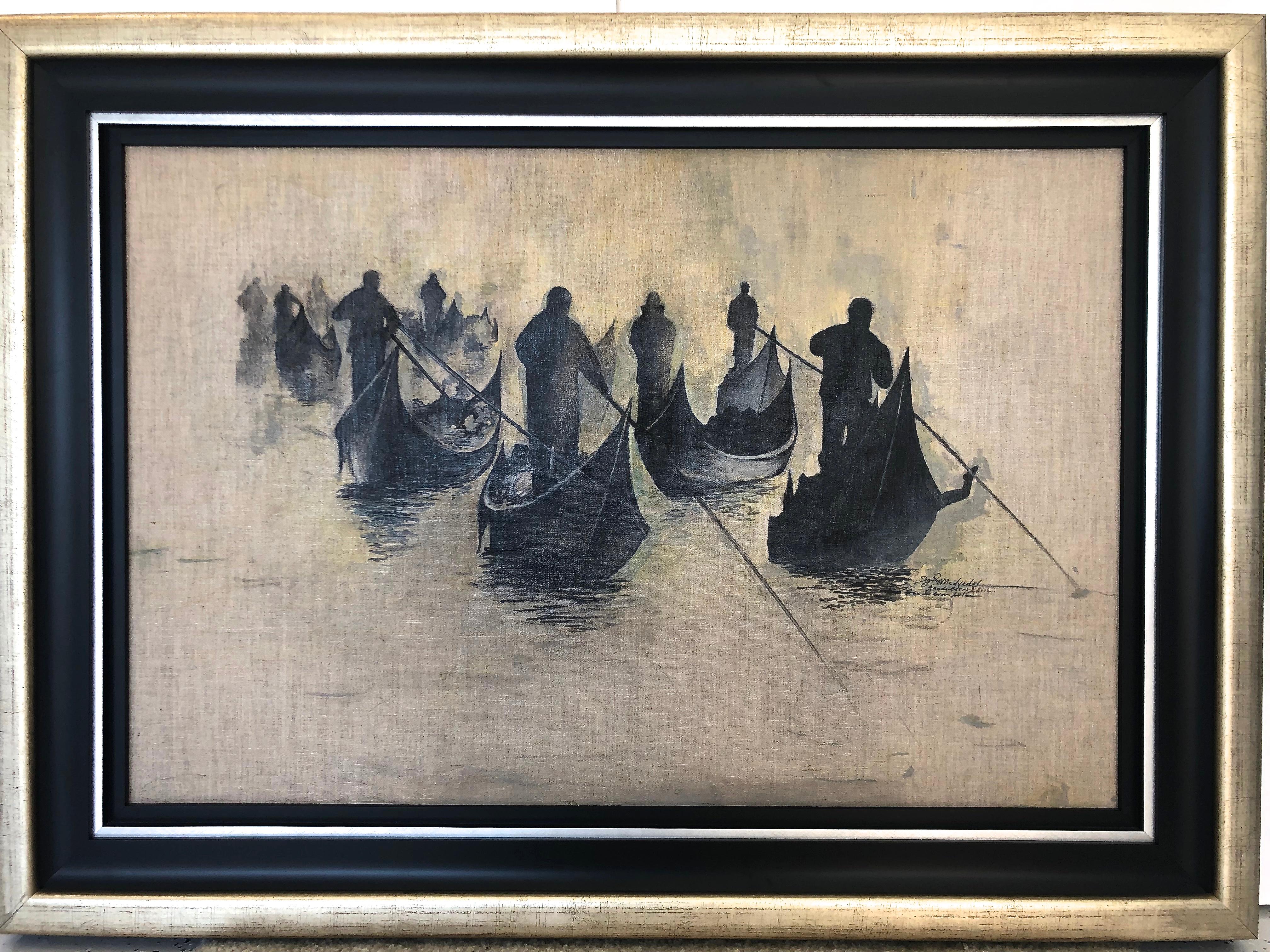  Gondoliers Group Gray and Black Oil Painting - Beige Figurative Painting by Igor Medvedev