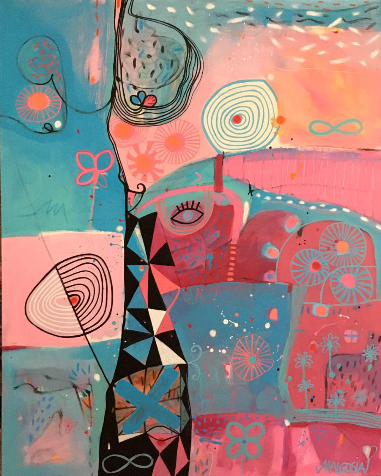 Malgosia Kiernozycka Abstract Painting - Tower Of Sighing Pink Blue Abstract