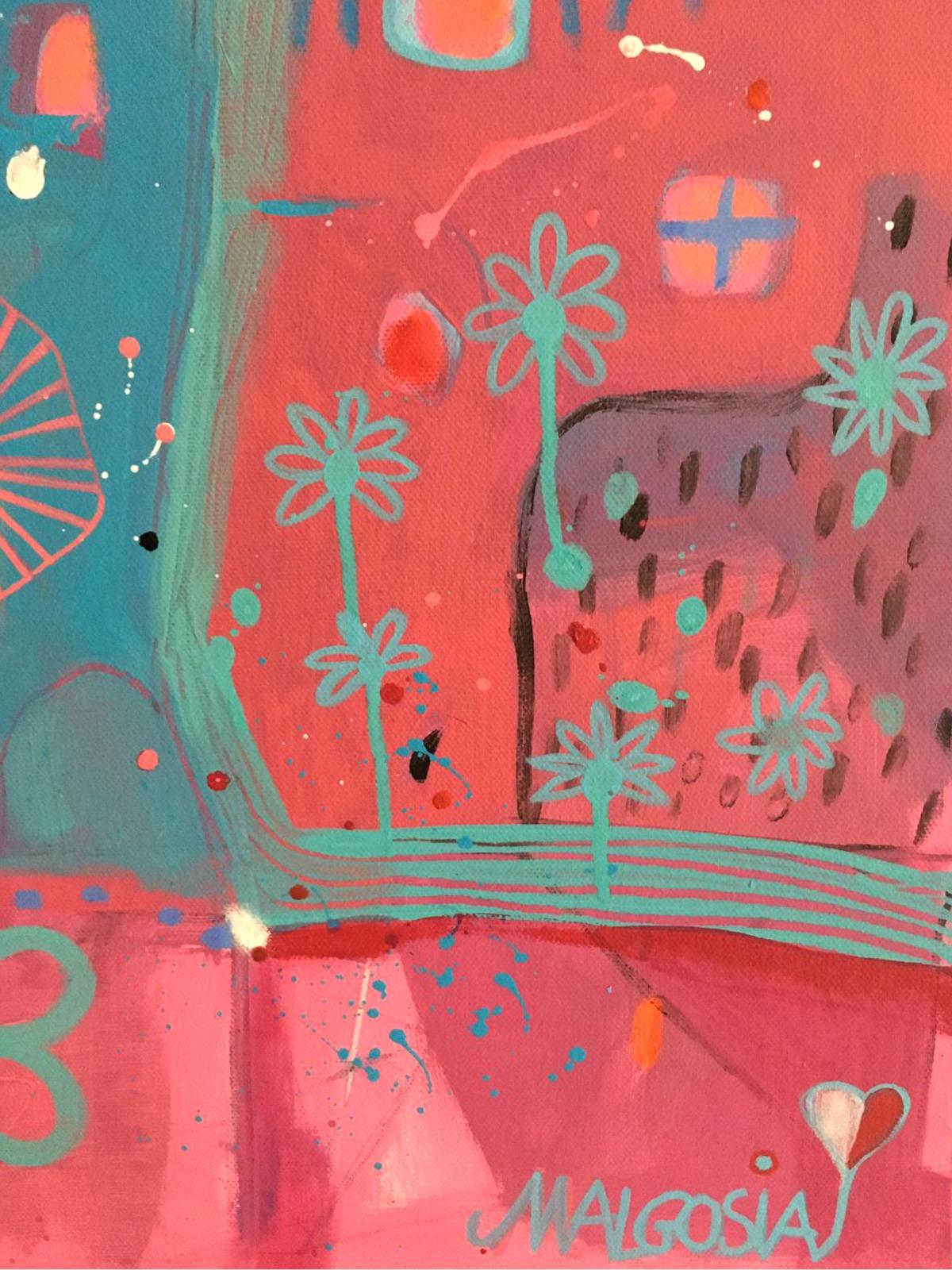 Tower Of Sighing, abstrakter rosa-blauer – Painting von Malgosia Kiernozycka