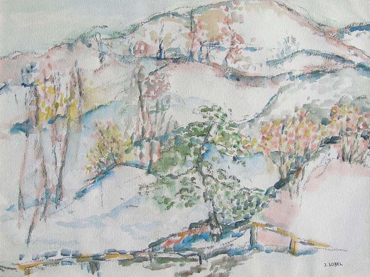  Landscape with Mountain View Watercolor - Art by Jehudith Sobel