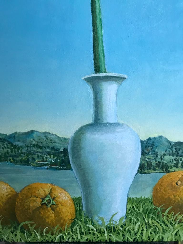 Still Life Lillies With Oranges In The Landscape - Contemporary Painting by Rafael Saldarriaga