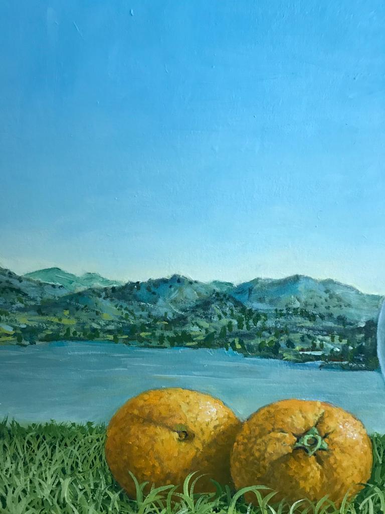 Still Life Lillies With Oranges In The Landscape - Blue Still-Life Painting by Rafael Saldarriaga