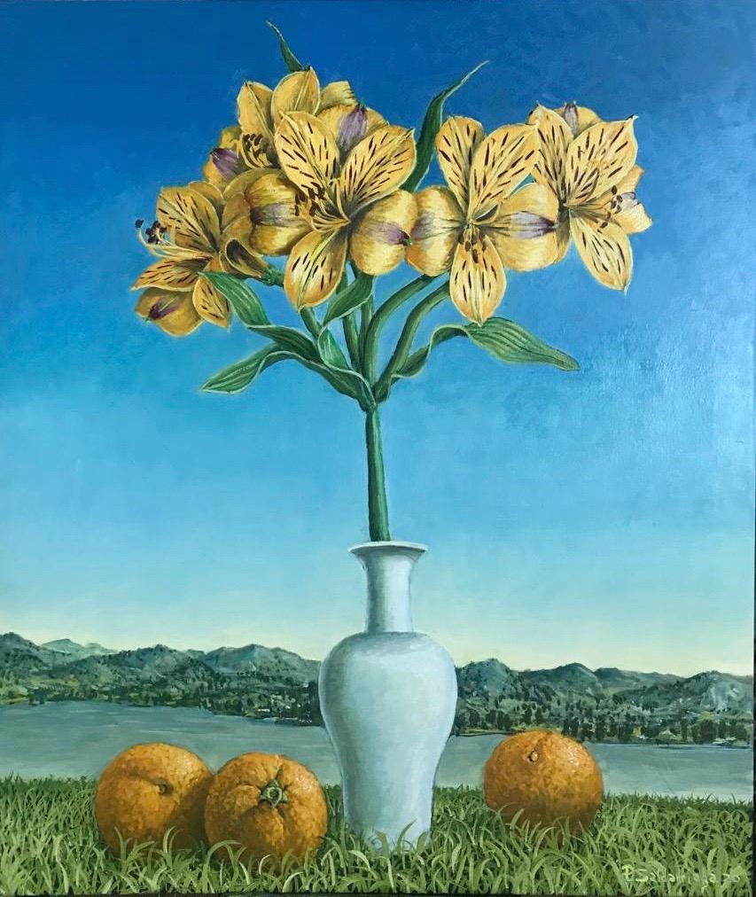 Rafael Saldarriaga Still-Life Painting - Still Life Lillies With Oranges In The Landscape