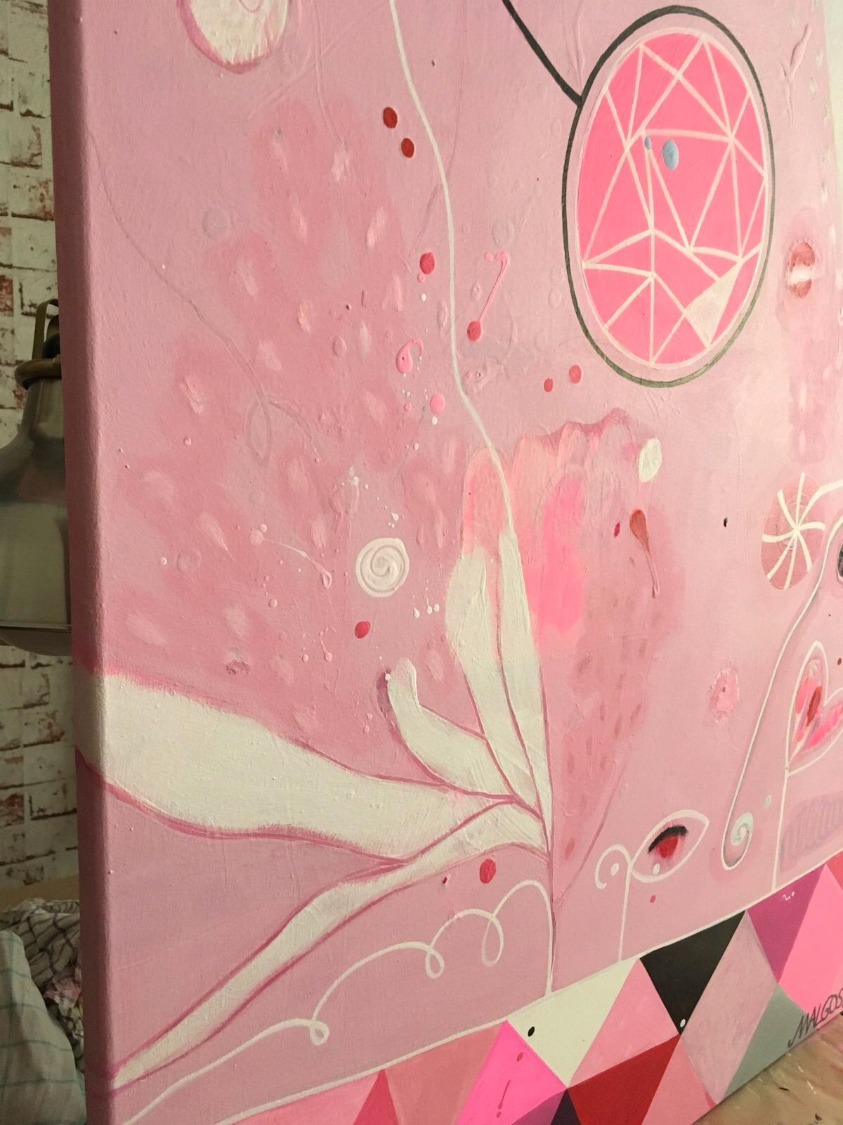 Balloon Parade Pink Abstract - Beige Abstract Painting by Malgosia Kiernozycka