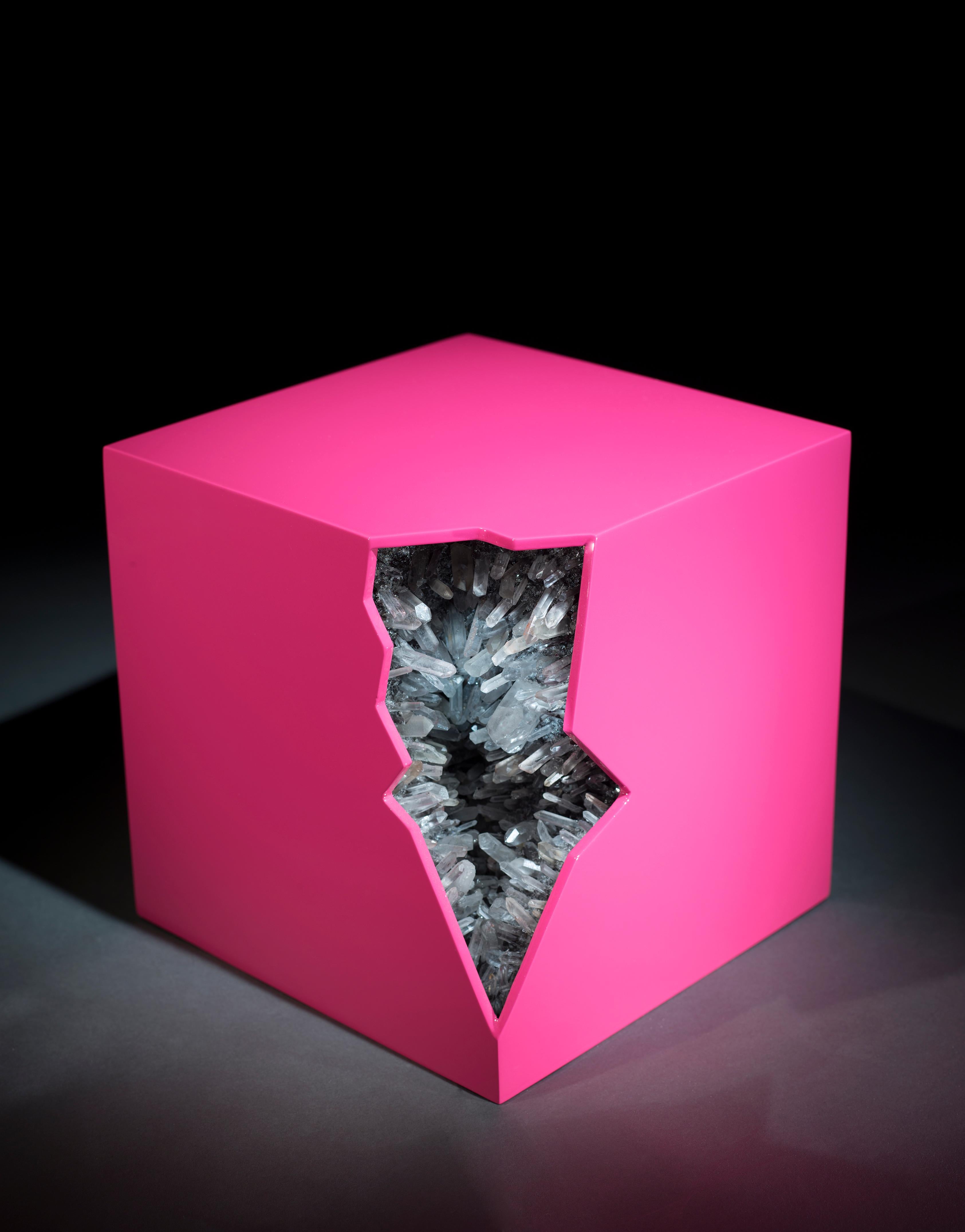 Randi Grantham Figurative Sculpture - Love Box In Pink With Rock Crystal