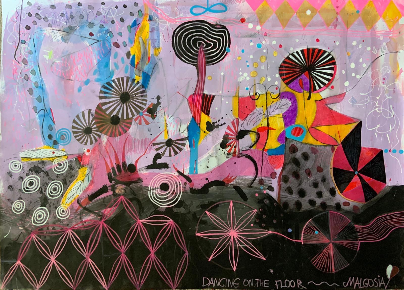 Bailando en la pista Técnica mixta sobre papel Abstracto - Mixed Media Art de Malgosia Kiernozycka