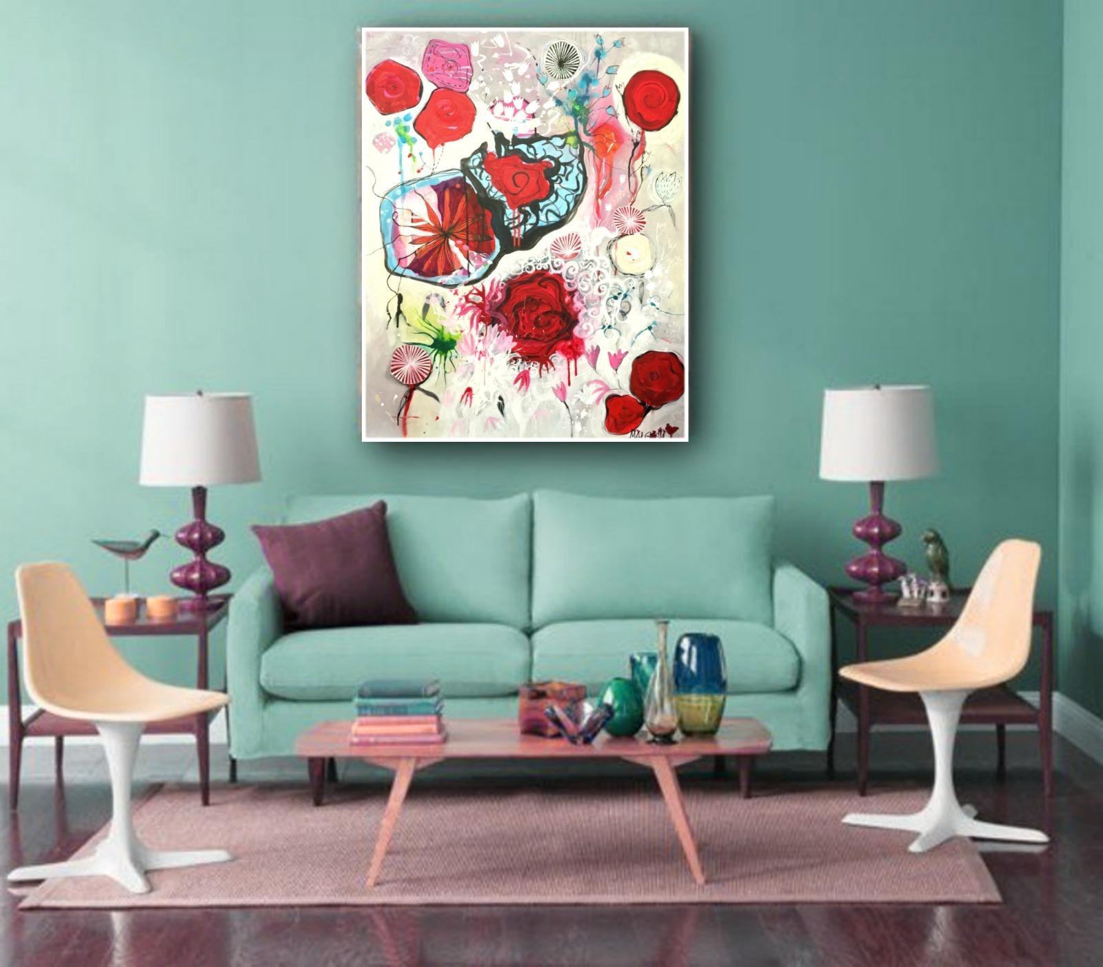 So Sorry Abstract With Red Flower - Abstract Expressionist Painting by Malgosia Kiernozycka