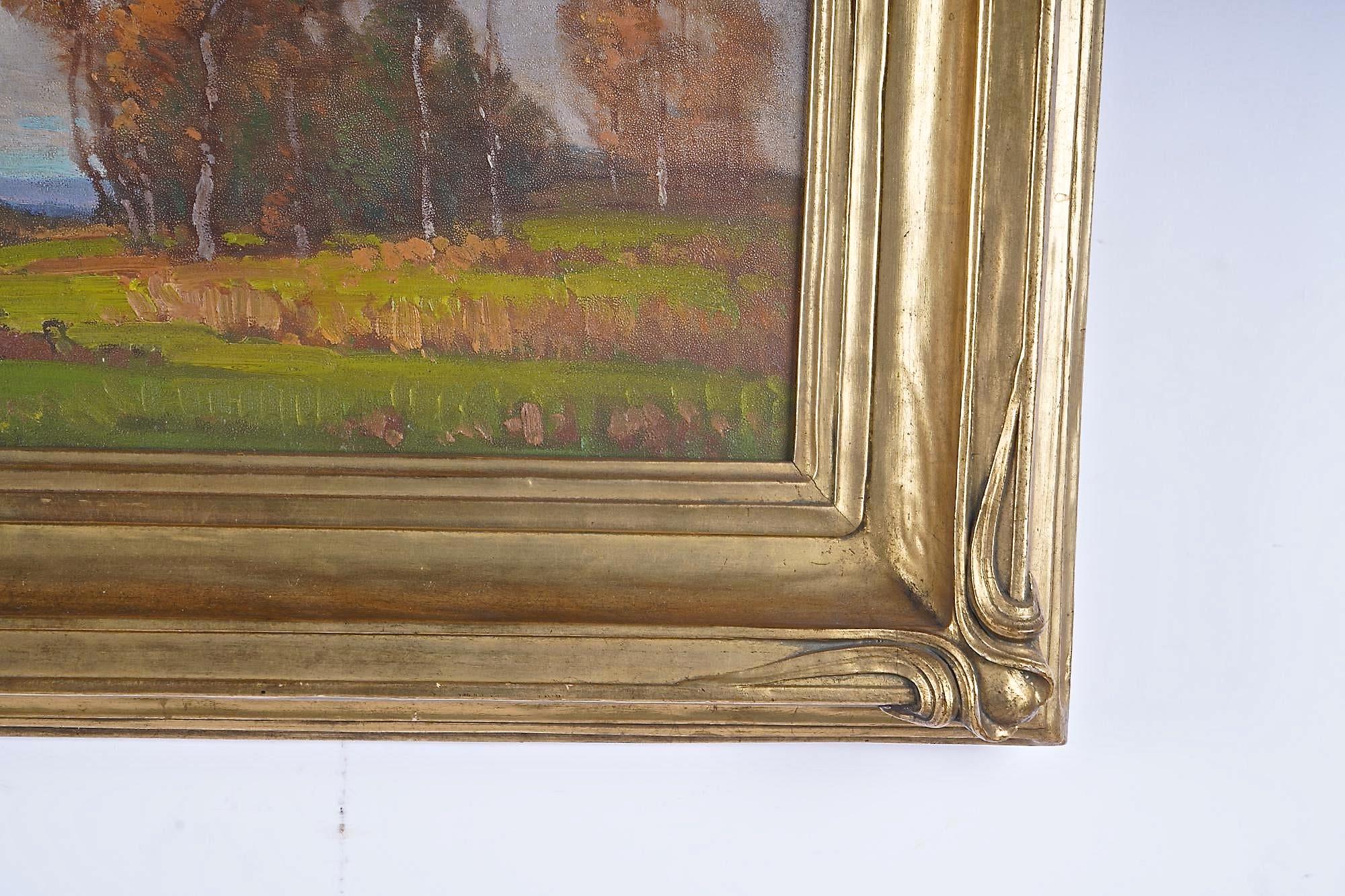 Paesaggio firmato in basso a sinistra bellissima cornice originale in foglia d'oro.
 Frank Peyraud si è guadagnato una reputazione duratura per i paesaggi rurali, in particolare per le scene di neve con forme ben definite e colori brillanti.  A