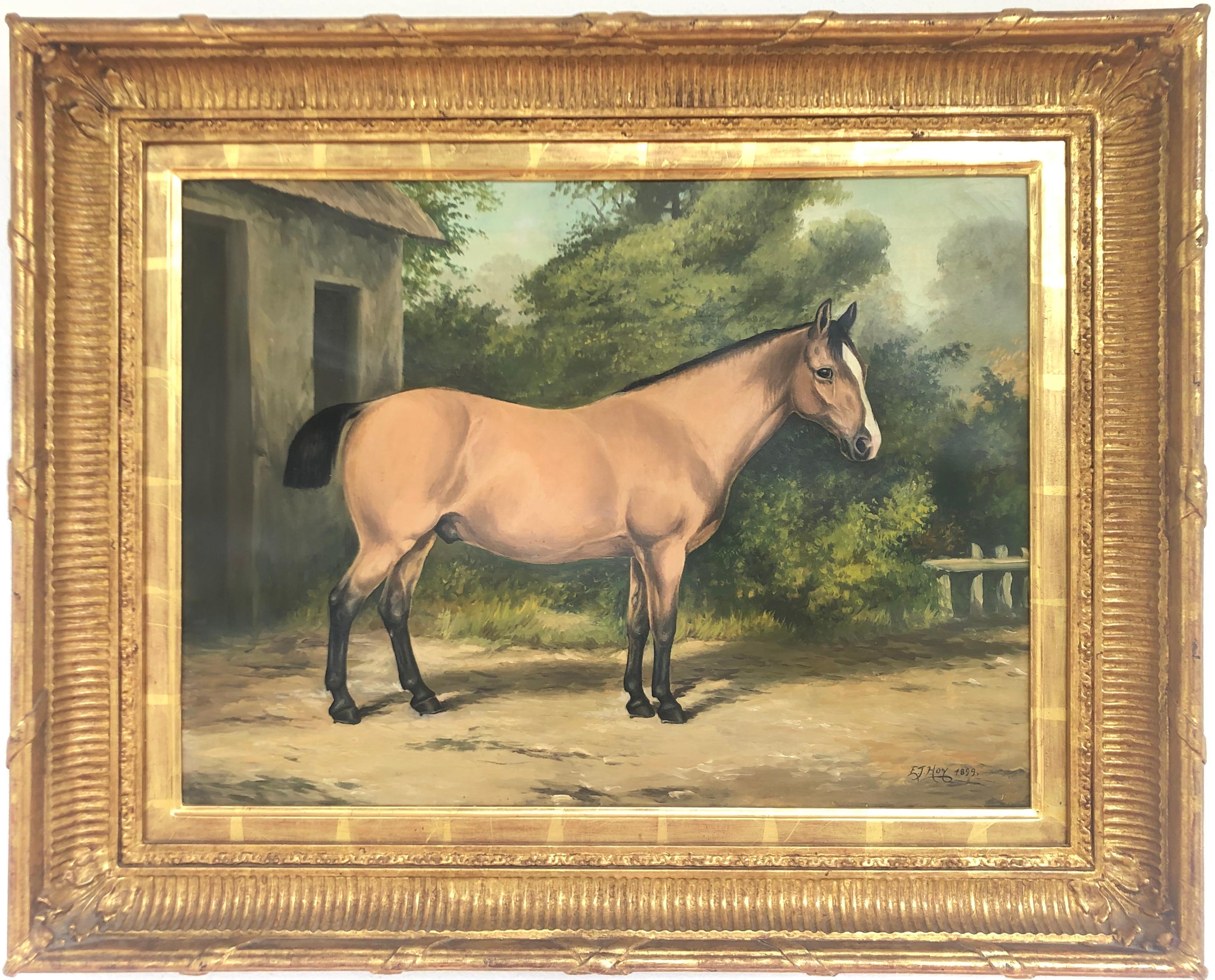  Cheval devant la grange Peinture à l'huile du 19e siècle - Réalisme Painting par Edward John Hoy