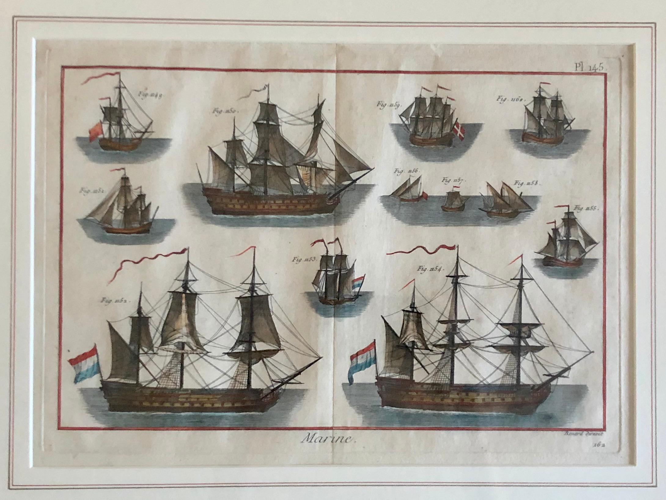 Set of Four Antique Marine engravings plates hand colored.
Each measure 18x21x1 framed.
Benard Direxit is a French 19Th Century artist, engraver. Benard Direxit's work has been offered at auction multiple times. Ten Plates, sold at Christie's New