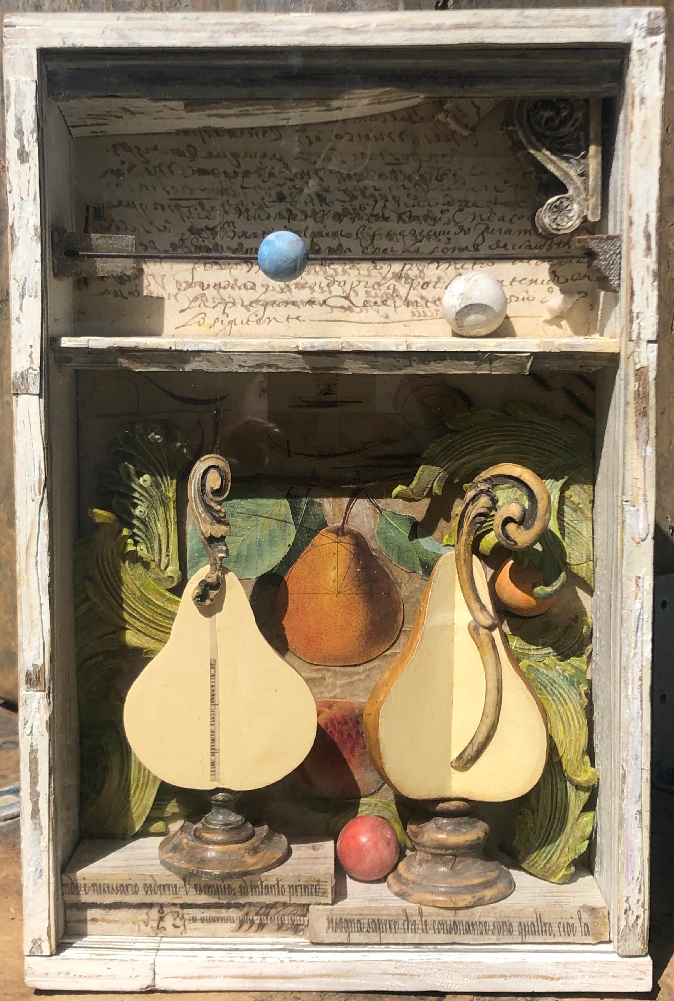 Classic Botanic Diary - 2021
Pear box construction 3D wall sculpture with frontal plexiglass, signed.
 Erik Erikson often abandons the found object to create his own inventory of custom-made objects and fragments. Here the music manuscript, the