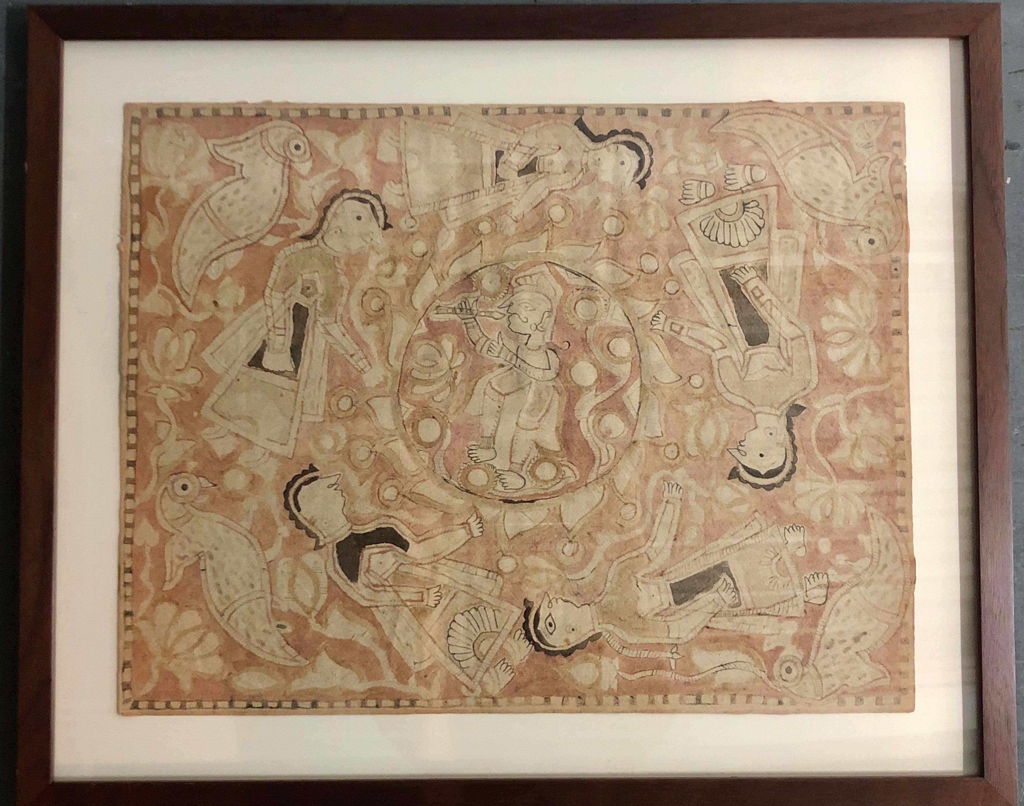 Indische Mithila-Volkskunst mit Figuren und Vögeln