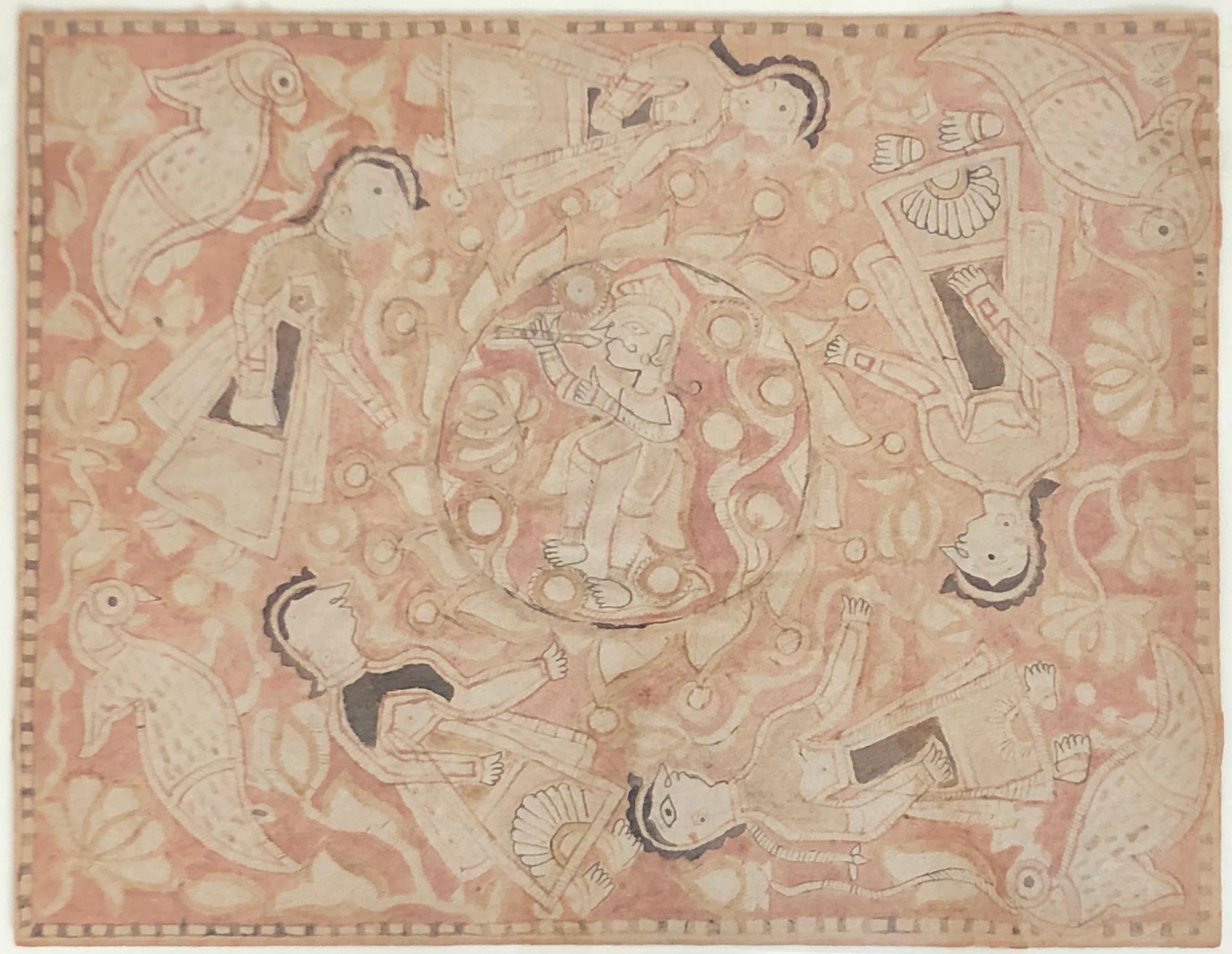 Indische Mithila-Volkskunst mit Figuren und Vögeln – Art von Sita Devi