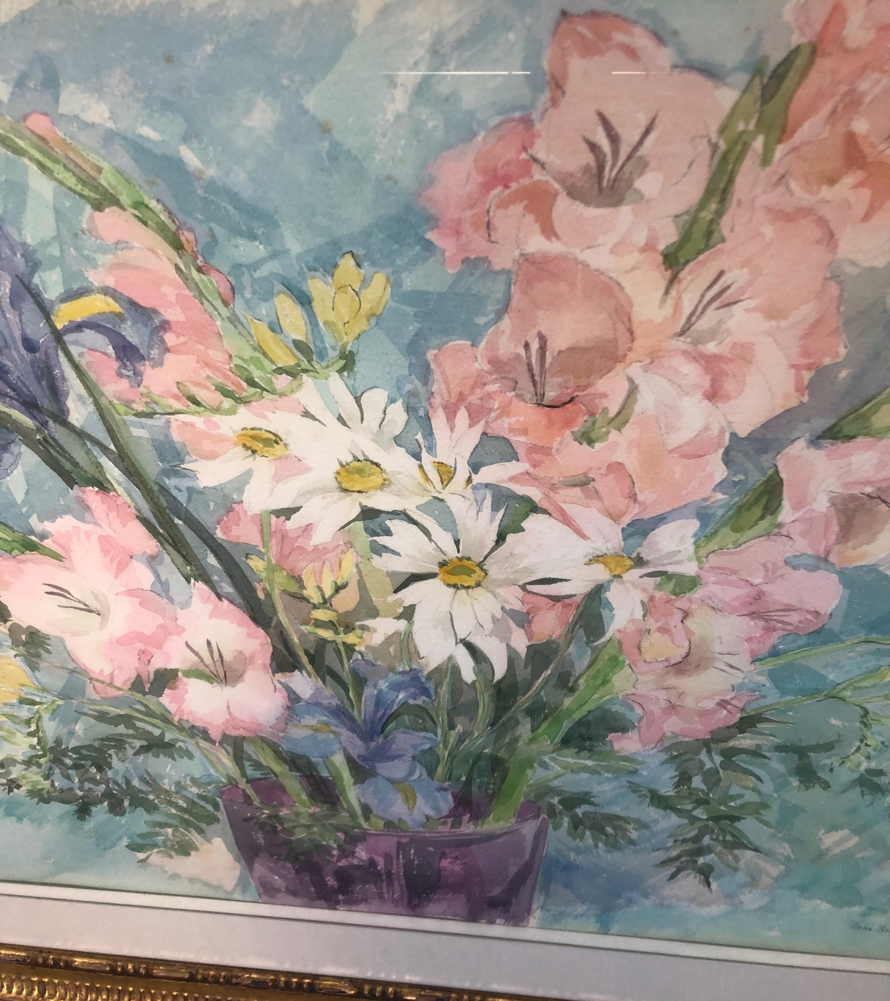 Stillleben mit Blumenstrauß, Aquarell auf Papier (Amerikanischer Impressionismus), Painting, von Joan Brady