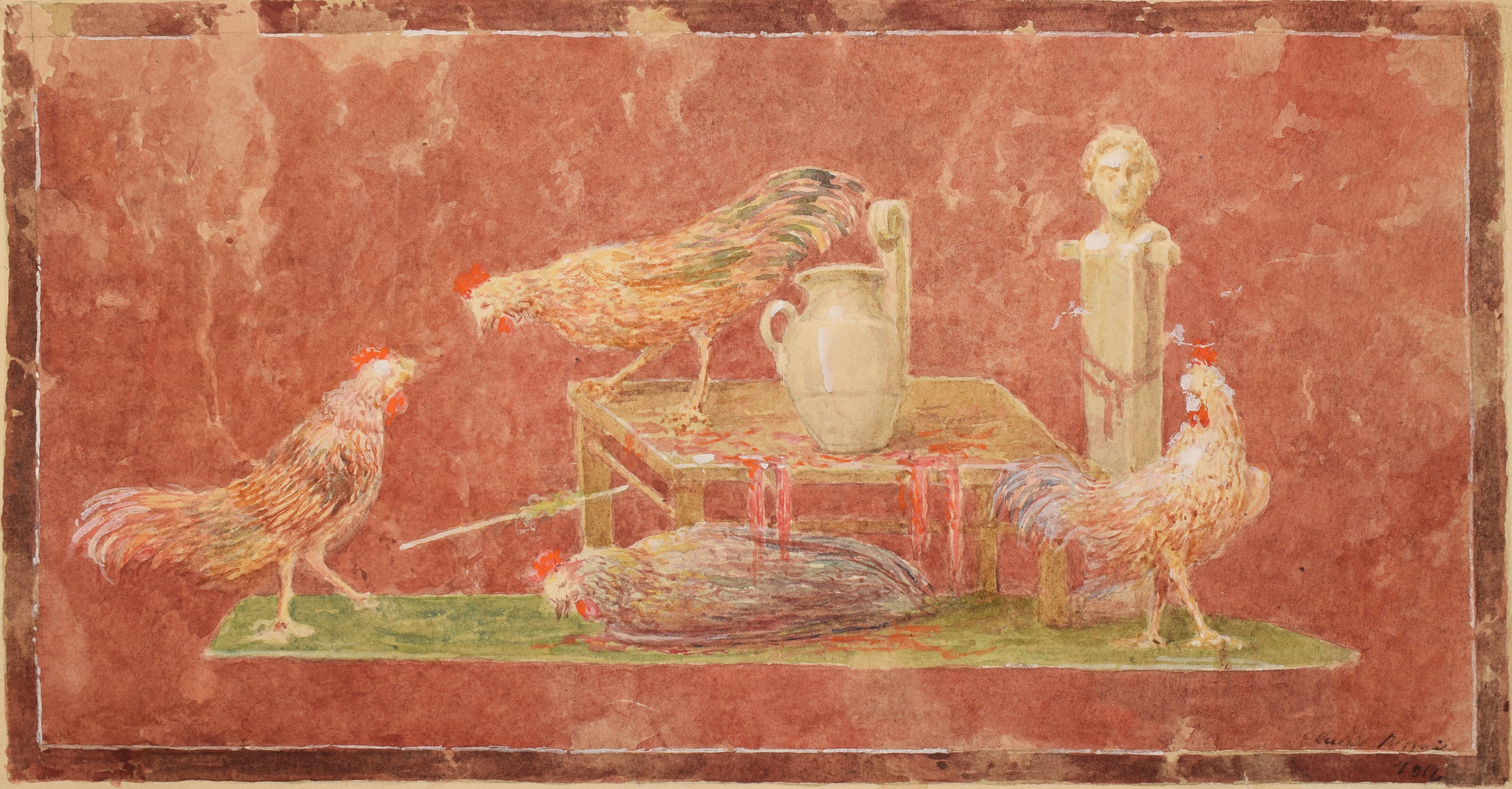Luigi Bazzani Animal Art - Roman fresco with fountain, roosters and herma