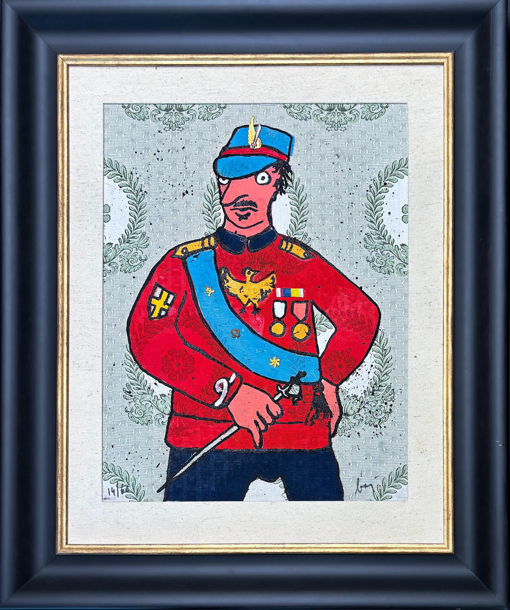 Colour etching and collage on brocade,
edited in 1972
Limited edition in 60 copies
Signed in pencil by artist in lower right corner,
Numbered 14/60 in lower left corner
Paper size: 52 x 40 cm
Frame size: 78 x 64.5 cm

Very good conditions

A regular