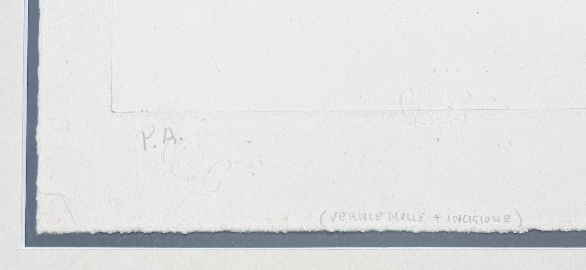 etching, hand-colored by artist ( unique color artist proof), edited in 1974
''Il Trovatore'' , the most represented work by Giorgio De Chirico
signed in pencil by artist and numbered as: 
hand-colored PA (artist proof)
paper size: 72 x 54.5 cm