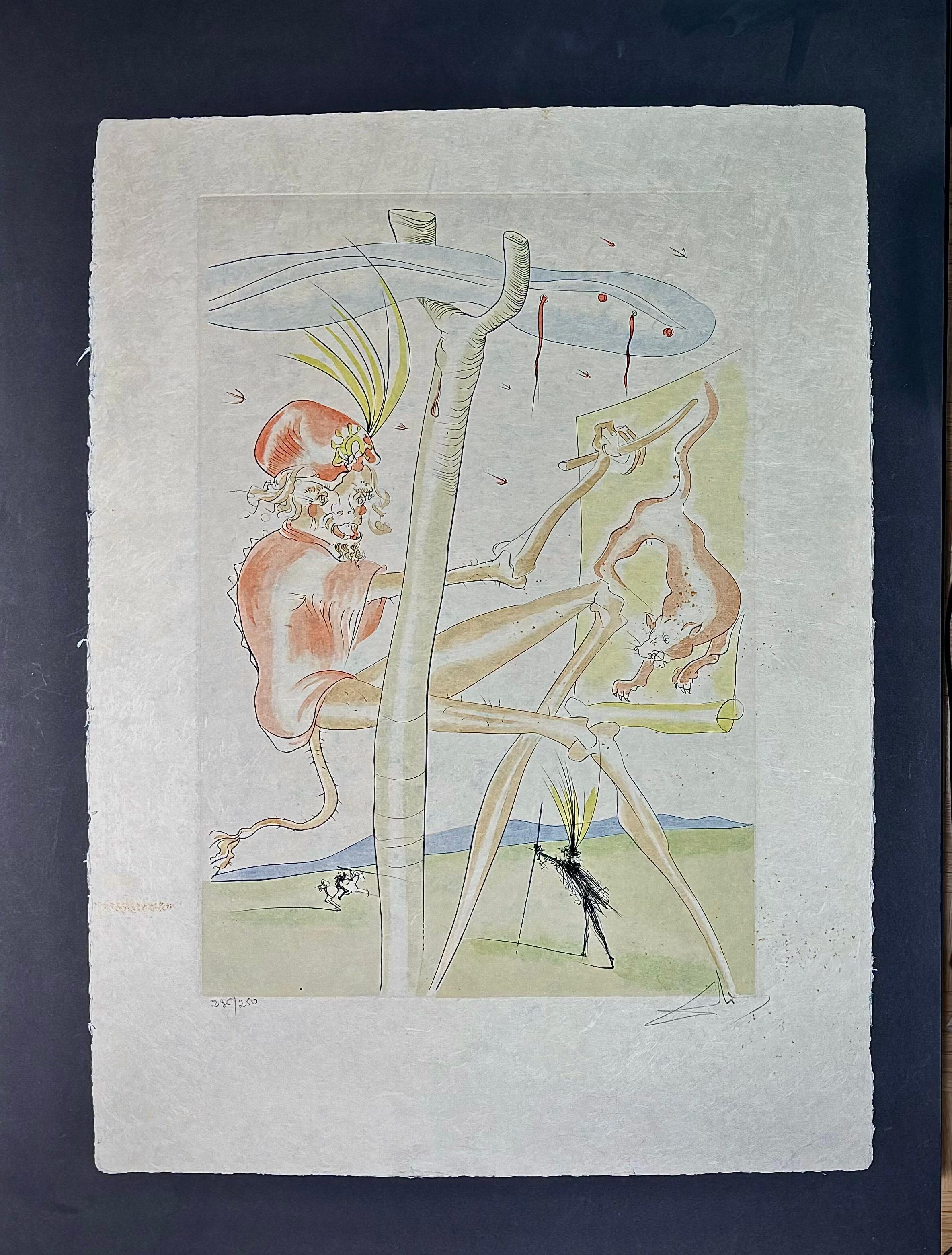The monkey and the Leopard – drypoint etching with stencil – 1974 - Art by Salvador Dalí