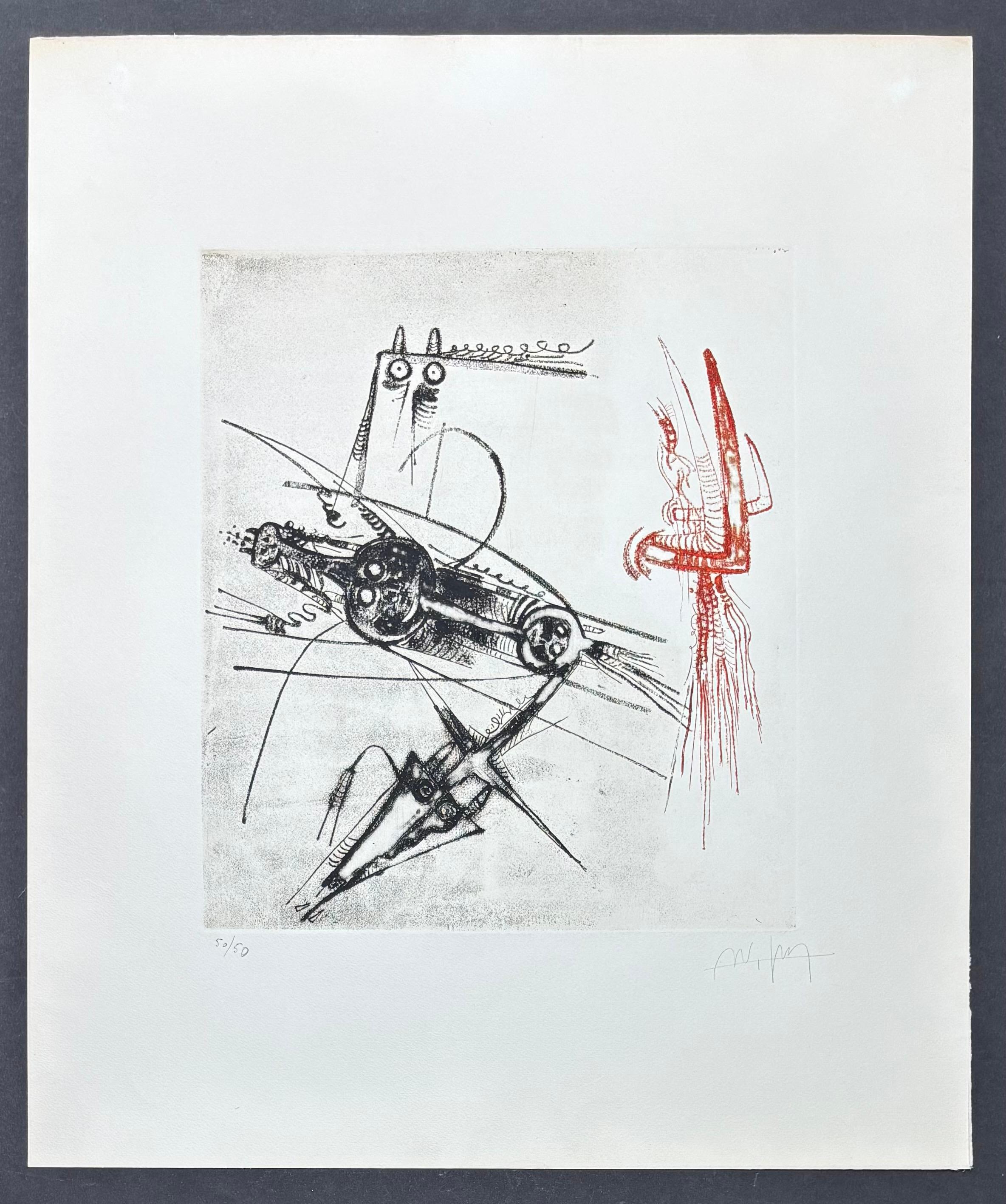 Farbige Aquatintaradierung auf Arches-Papier, herausgegeben 1979
Limitierte Auflage von 50 Exemplaren, nummeriert 50/50
Handsigniert von Wifredo Lam in Bleistift am unteren rechten Rand
Papierformat: 59,5 x 50 cm

Ein Exemplar der Veröffentlichung