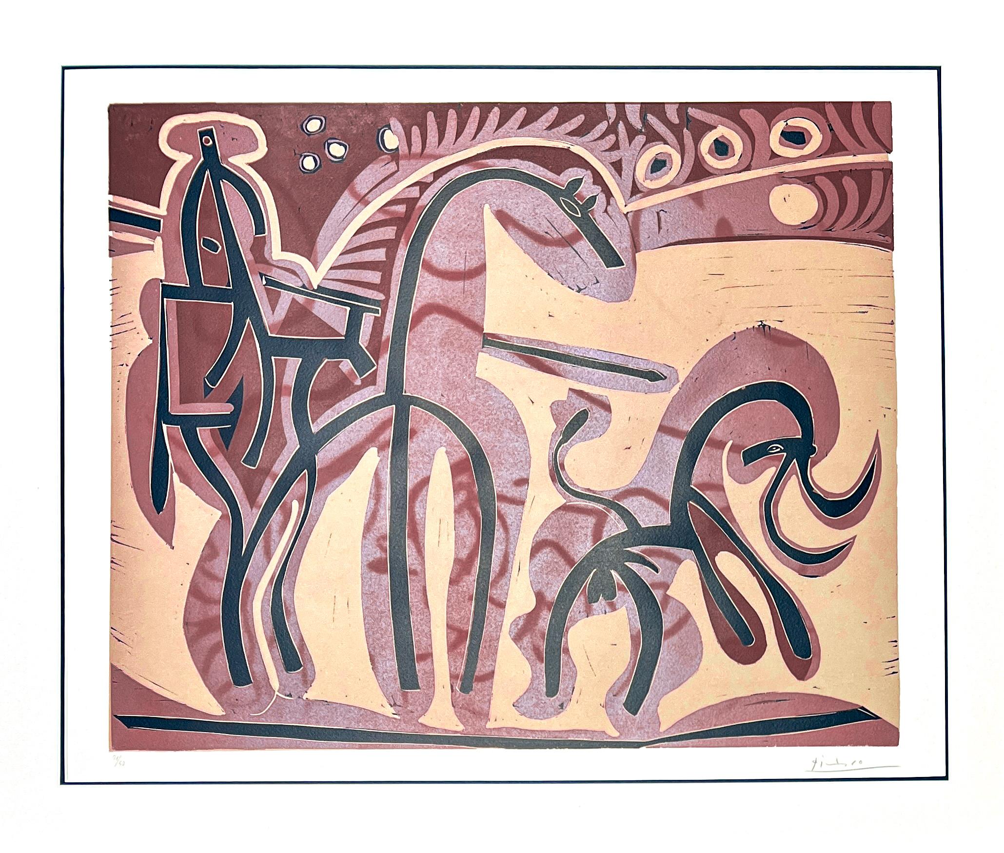 Pablo Picasso (1881-1973)-Picador et Taureau-Linogravure en couleurs sur papier Arches en vente 2
