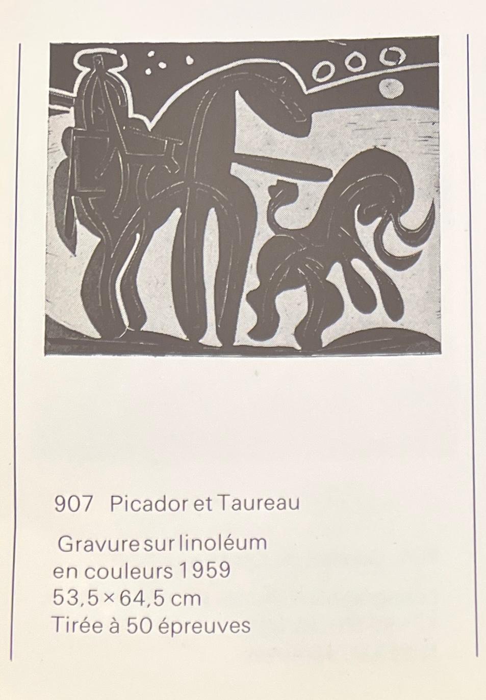 Pablo Picasso (1881-1973)-Picador et Taureau-Linogravure en couleurs sur papier Arches en vente 13