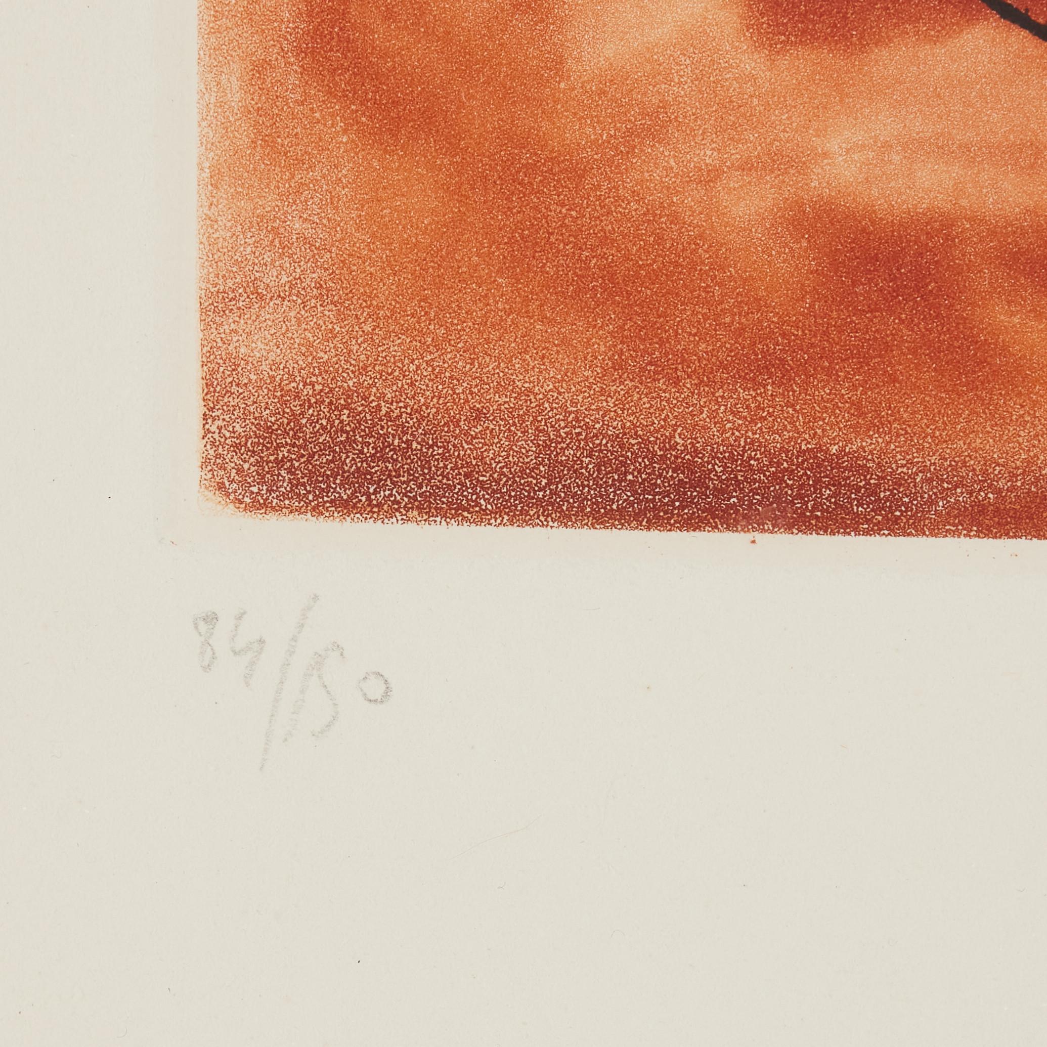 técnica mixta que incorpora heliograbado y aguafuerte a punta seca coloreado a mano sobre papel Arches , Editado en 1964

edición limitada, numerada en la esquina inferior izquierda 84/150
firmado a lápiz por el artista en la esquina inferior