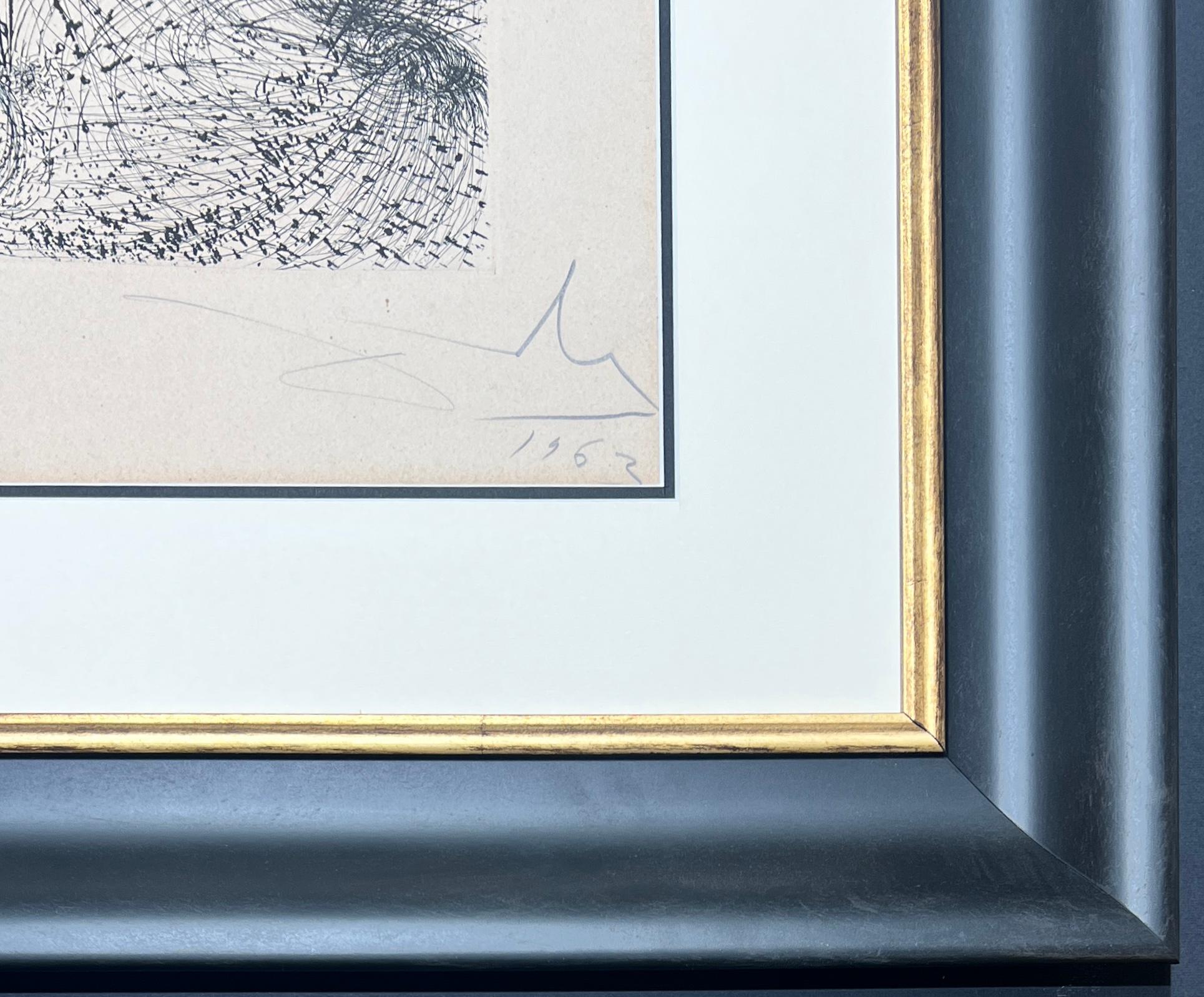 Tecnica mista che incorpora eliografie e incisioni a puntasecca colorate a mano su carta Arches, edita nel 1963.
Edizione limitata di 150 copie, numerate 71/150 in basso a sinistra.
Firmato a mano dall'artista a matita nel margine inferiore