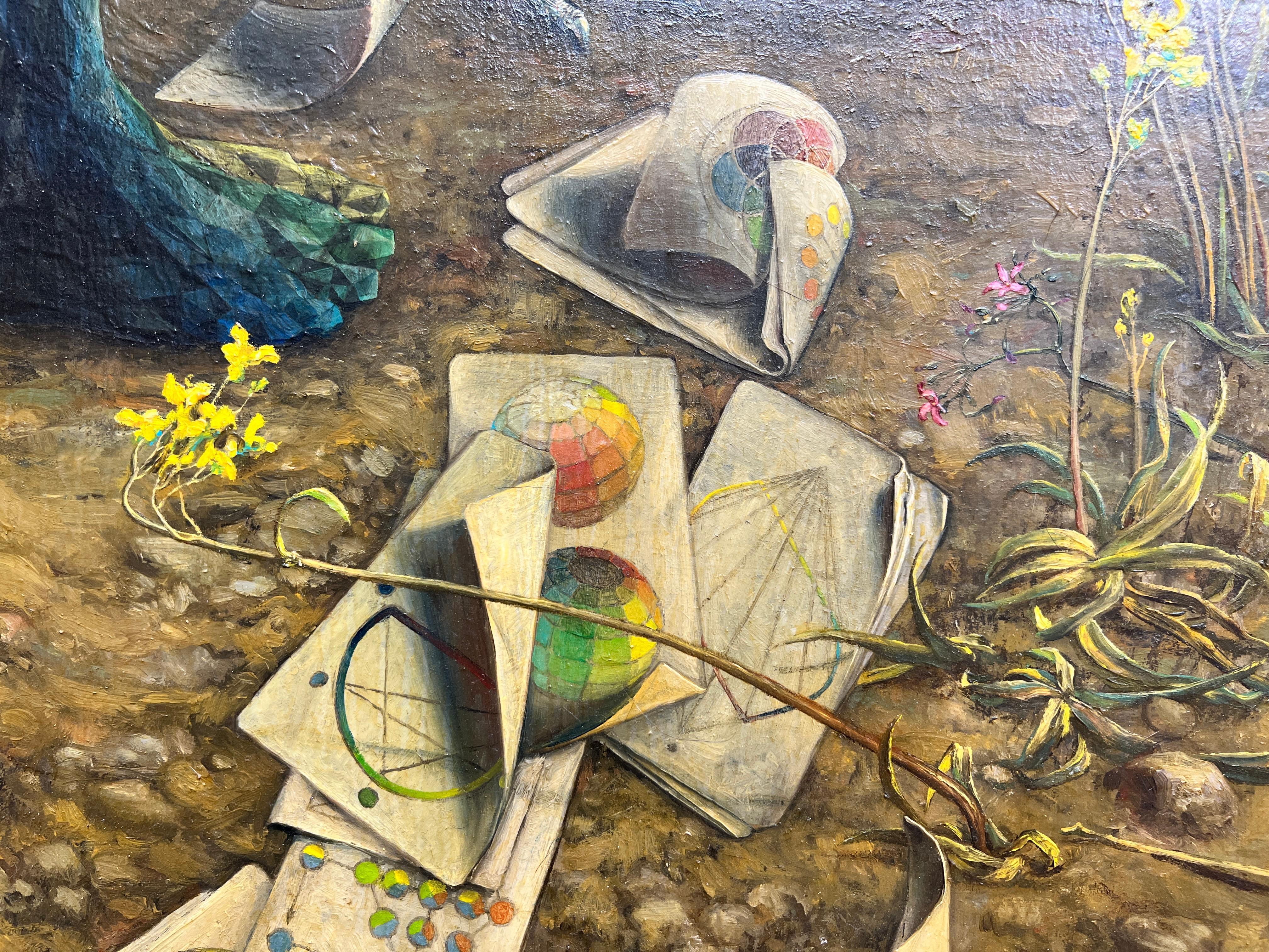 “Allégorie de la roue chromatique”.

Oil on canvas, 2002.  
Unique work, in which the artist adopts a figurative language characterised by strong realism and references to the Renaissance.

Signed by the artist in lower left (on the knife). 
Note: