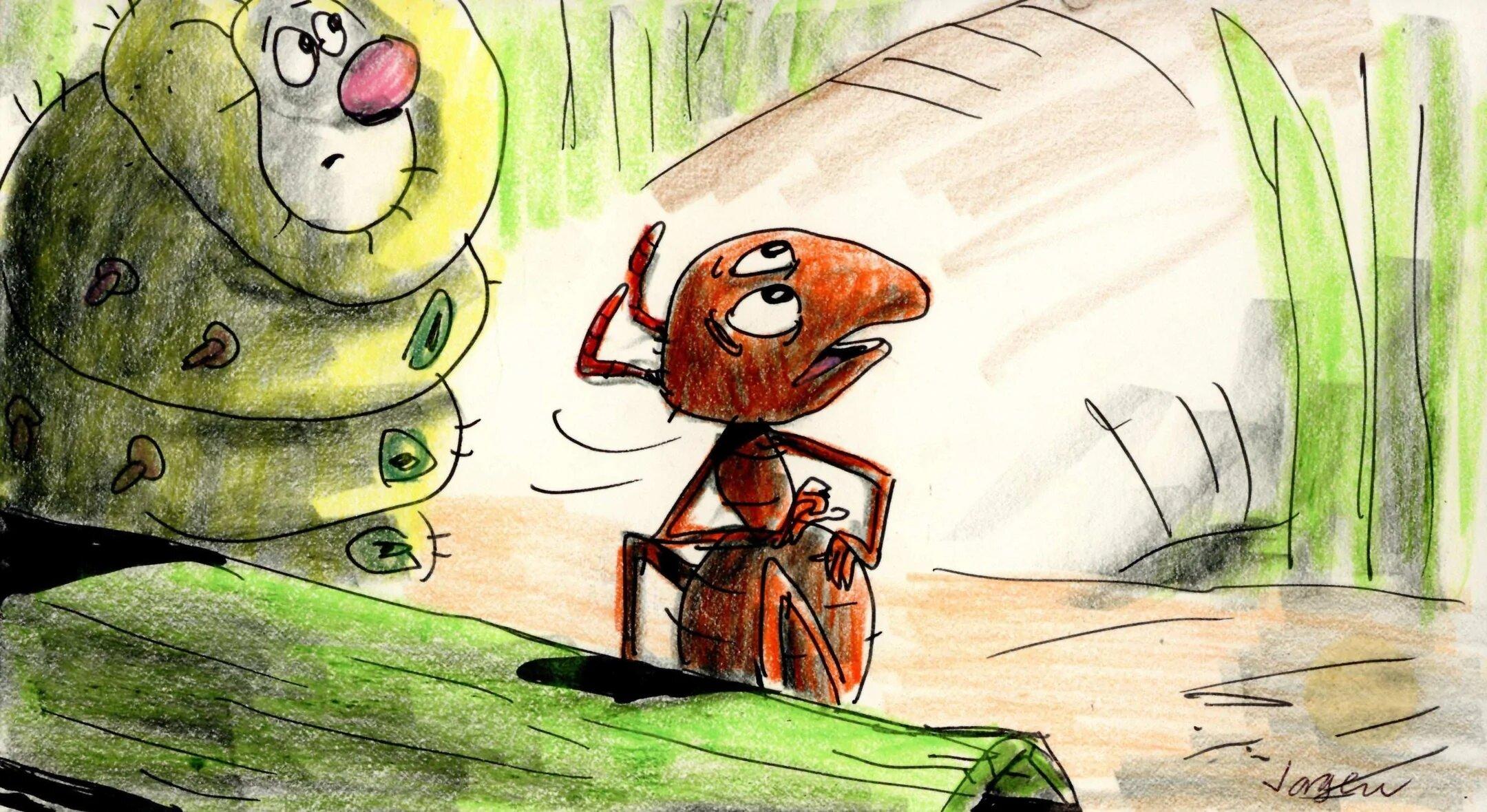 Bug's Life Storyboard-Zeichnung: Flik und Heimlich