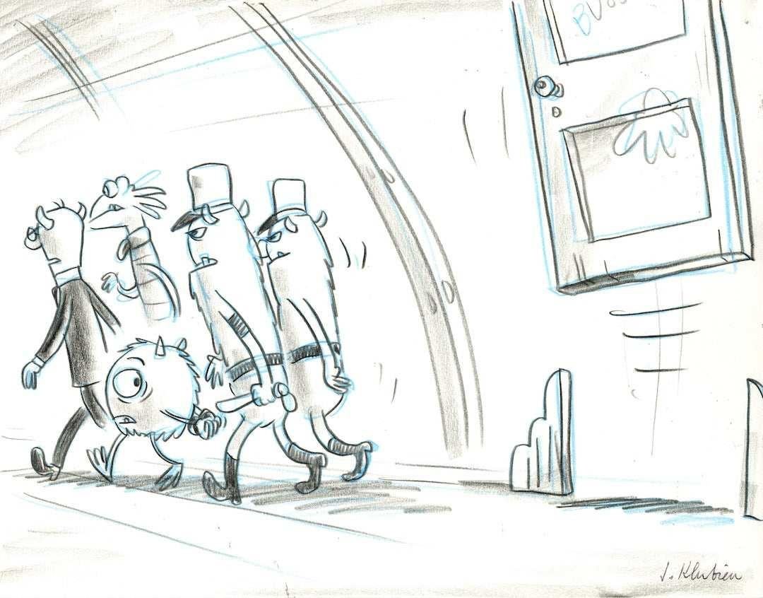 Monsters Inc., Original Storyboard, Mike Wazowski and Monster guards - Art by Jorgen Klubien