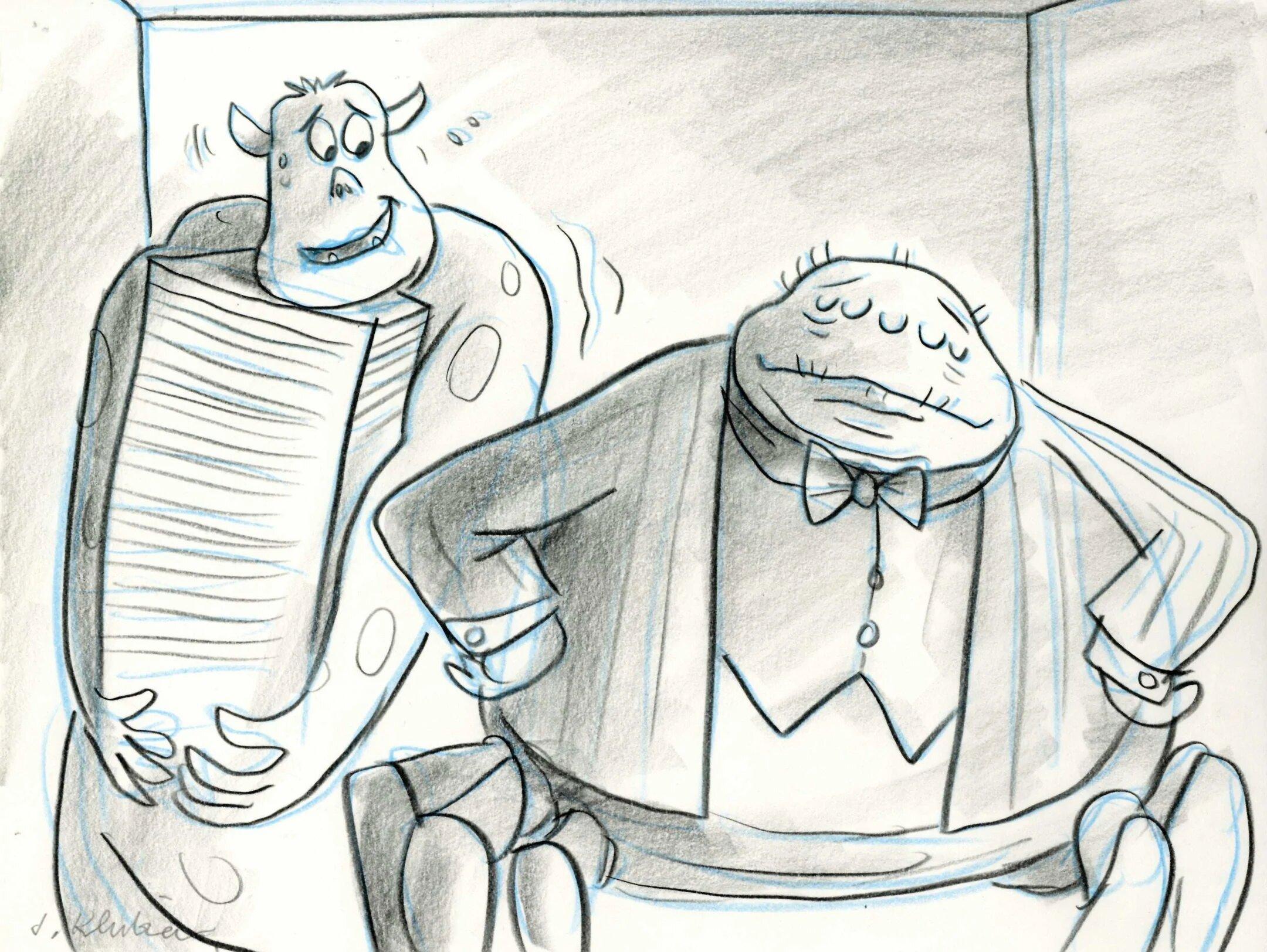 Monster's Inc Storyboard Drawing: Francis, Slim, and Heimlich - Art by Jorgen Klubien