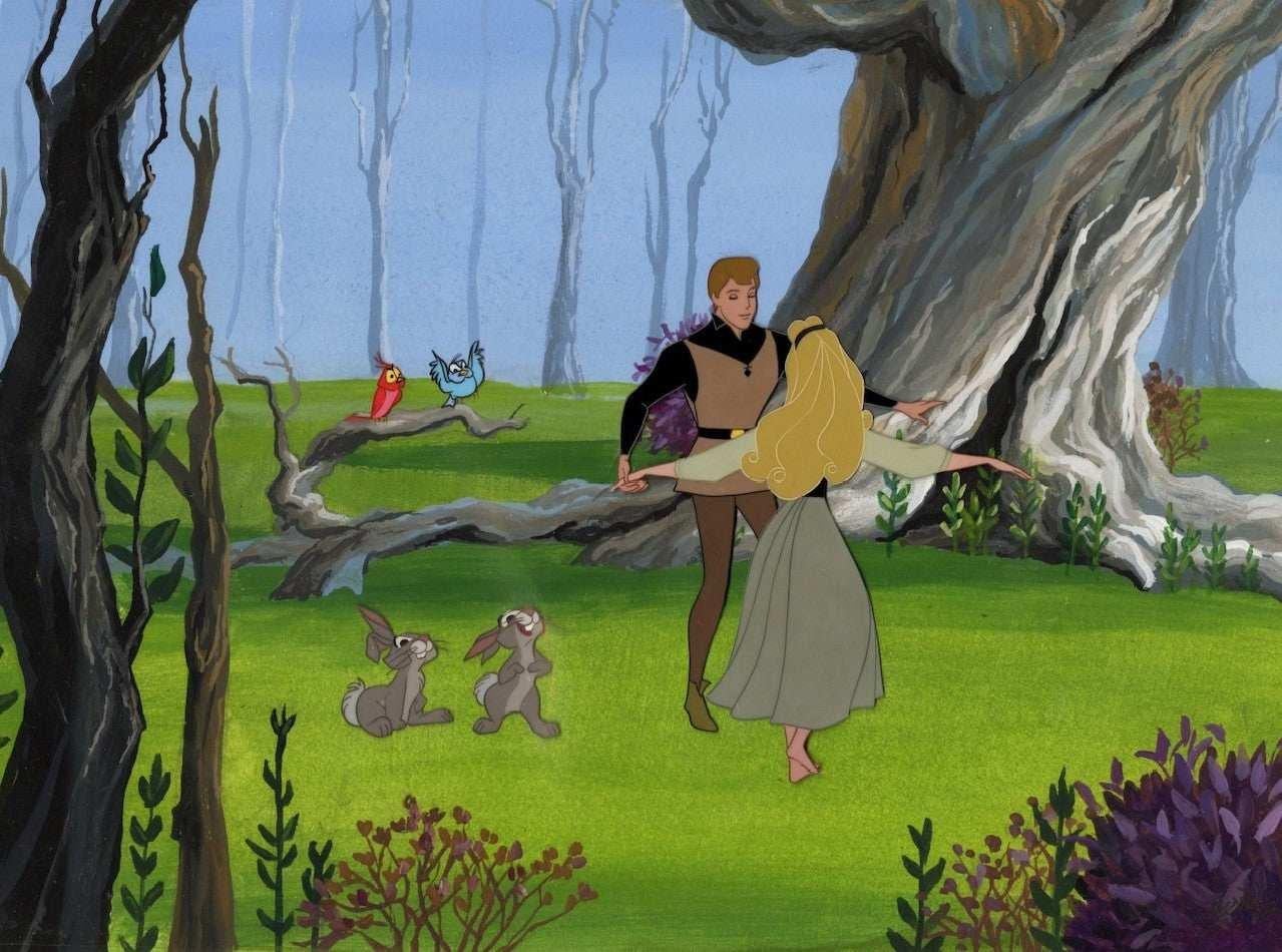 Walt Disney Studio Artists - Sleeping Beauty Original Production Cel:  Princess Aurora and Prince Phillip For Sale at 1stDibs